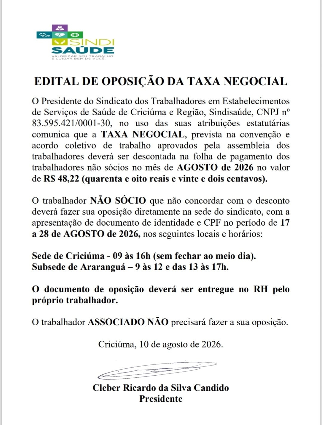 EDITAL DE OPOSIÇÃO DA TAXA NEGOCIAL 