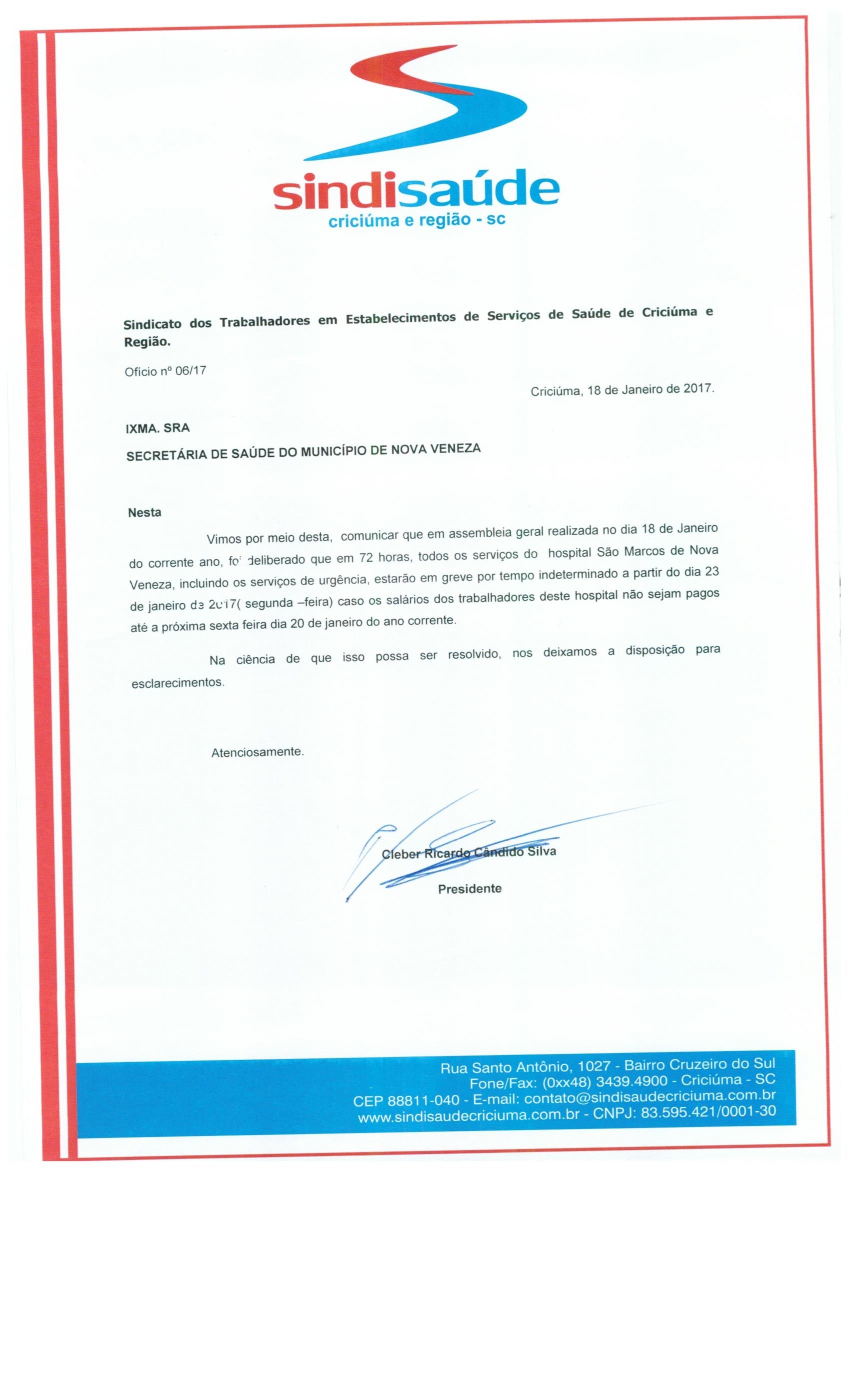 Oficio Secretaria de  Saude de Nova Veneza