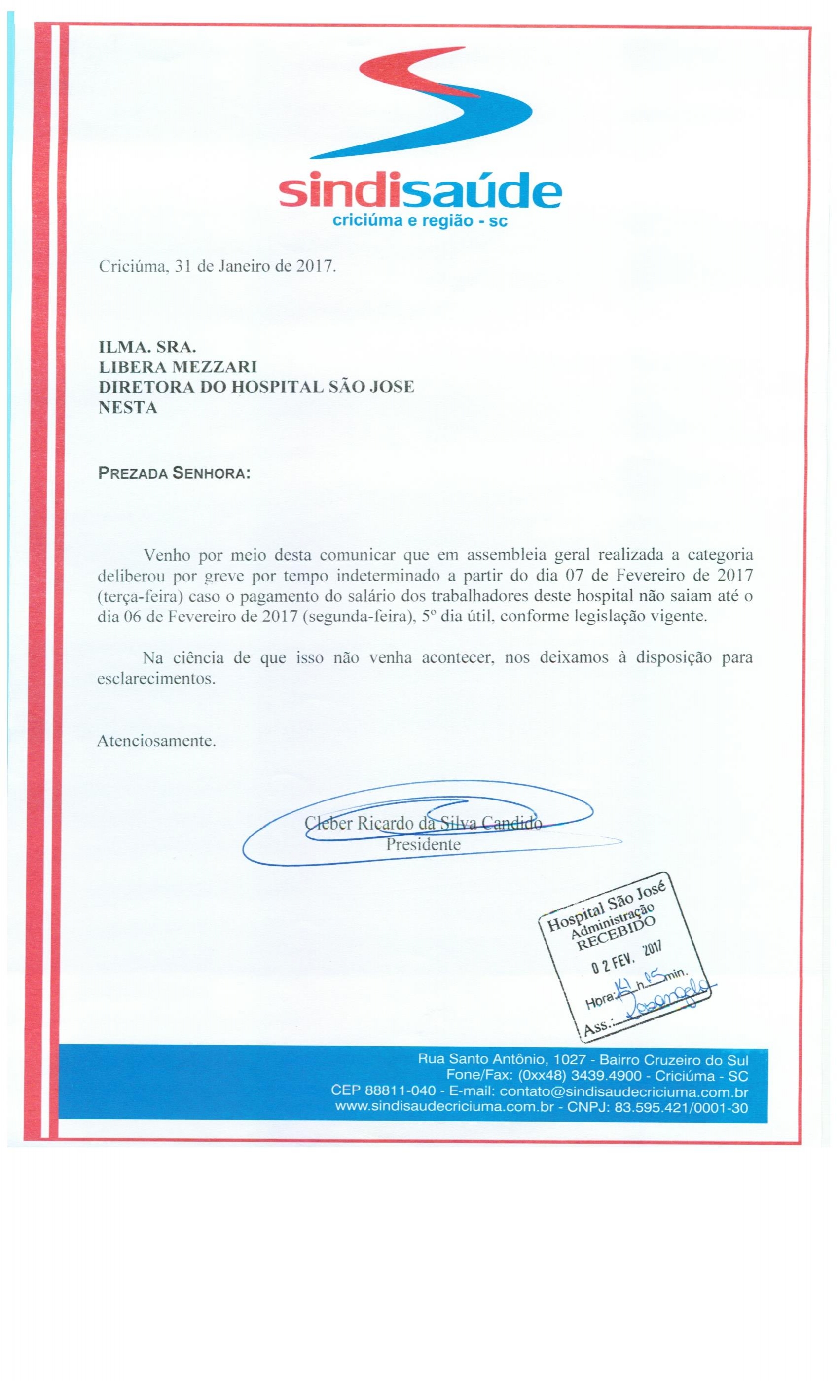 OFÍCIO COMUNICAÇÃO DE GREVE POR ATRASO DE SALÁRIOS HOSPITAL SÃO JOSÉ