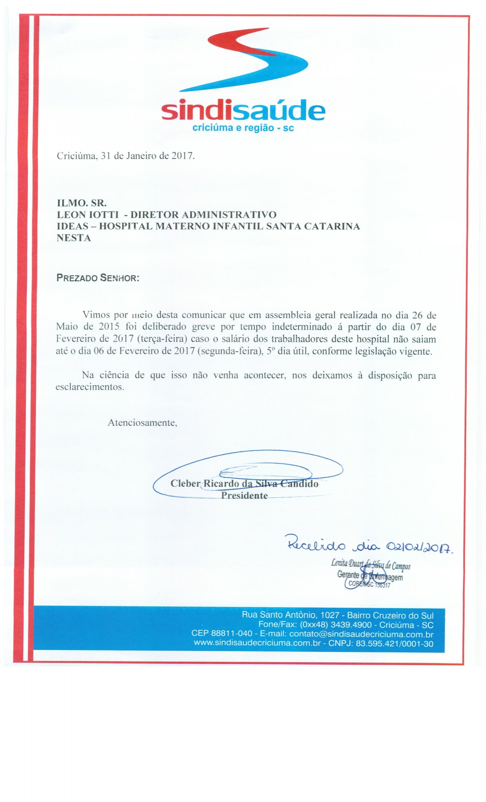 OFÍCIO COMUNICAÇÃO DE GREVE POR ATRASO DE SALÁRIOS IDEAS - H.M.I.S.C.