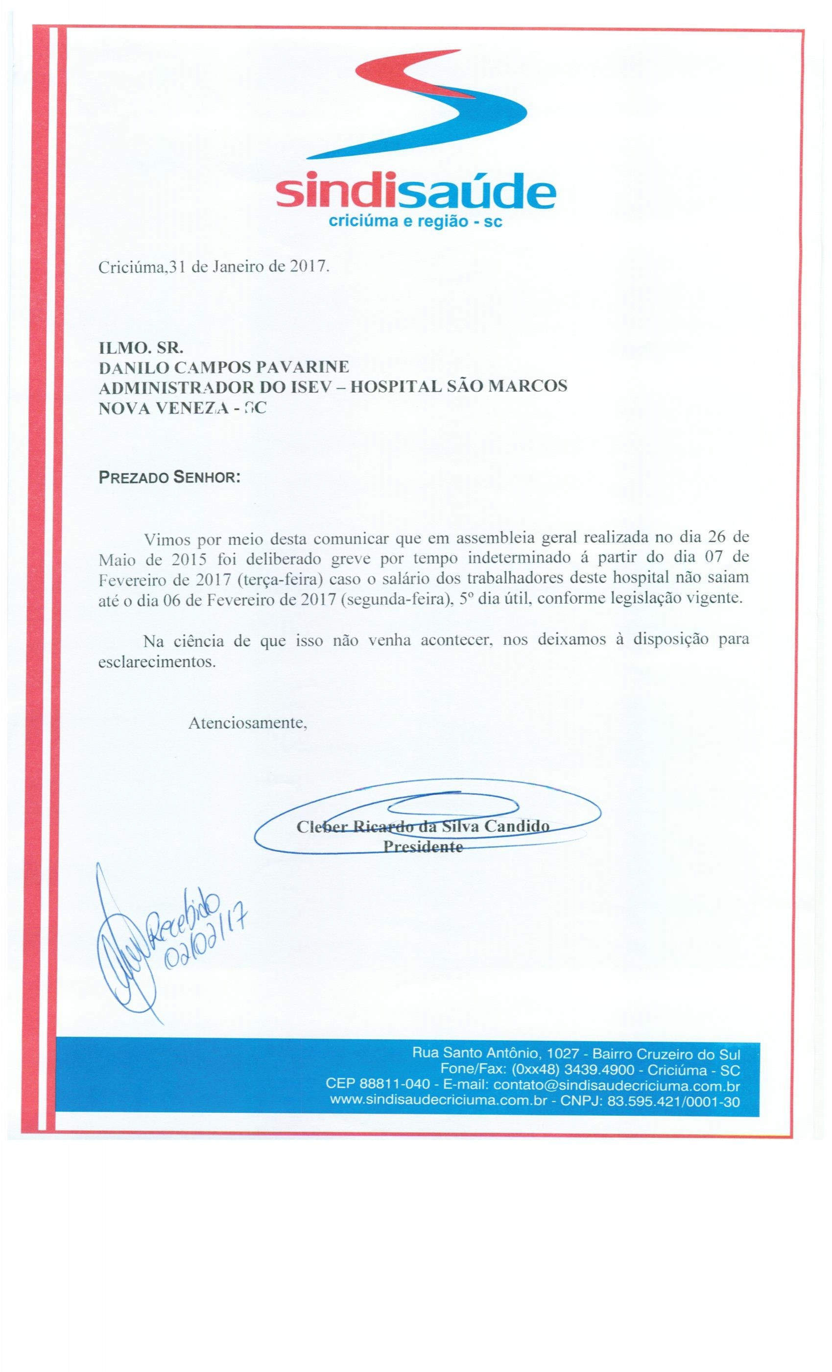 OFÍCIO COMUNICAÇÃO DE GREVE POR ATRASO DE SALÁRIOS ISEV - NOVA VENEZA