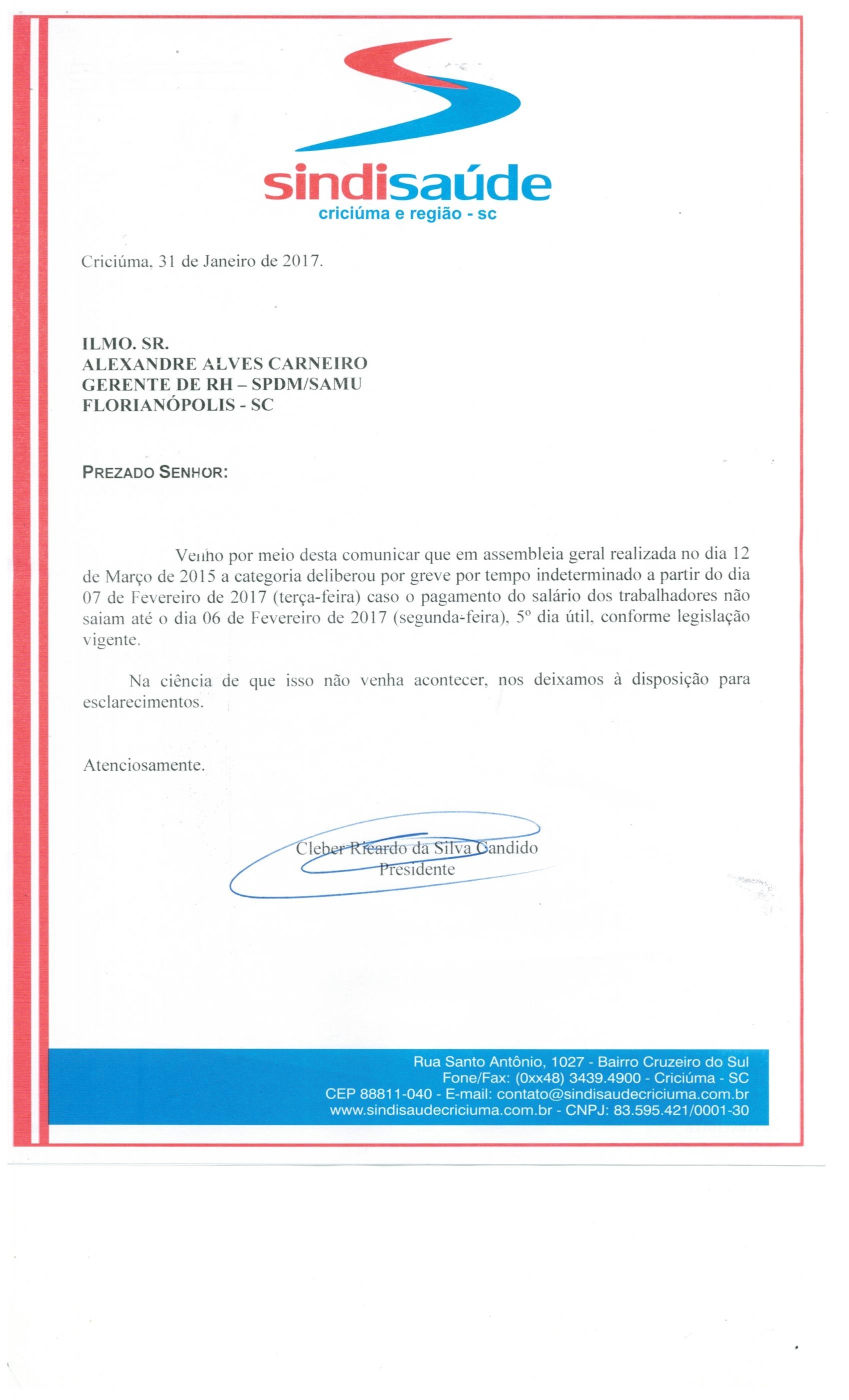 OFÍCIO COMUNICAÇÃO DE GREVE POR ATRASO DE SALÁRIOS SPDM - SAMU