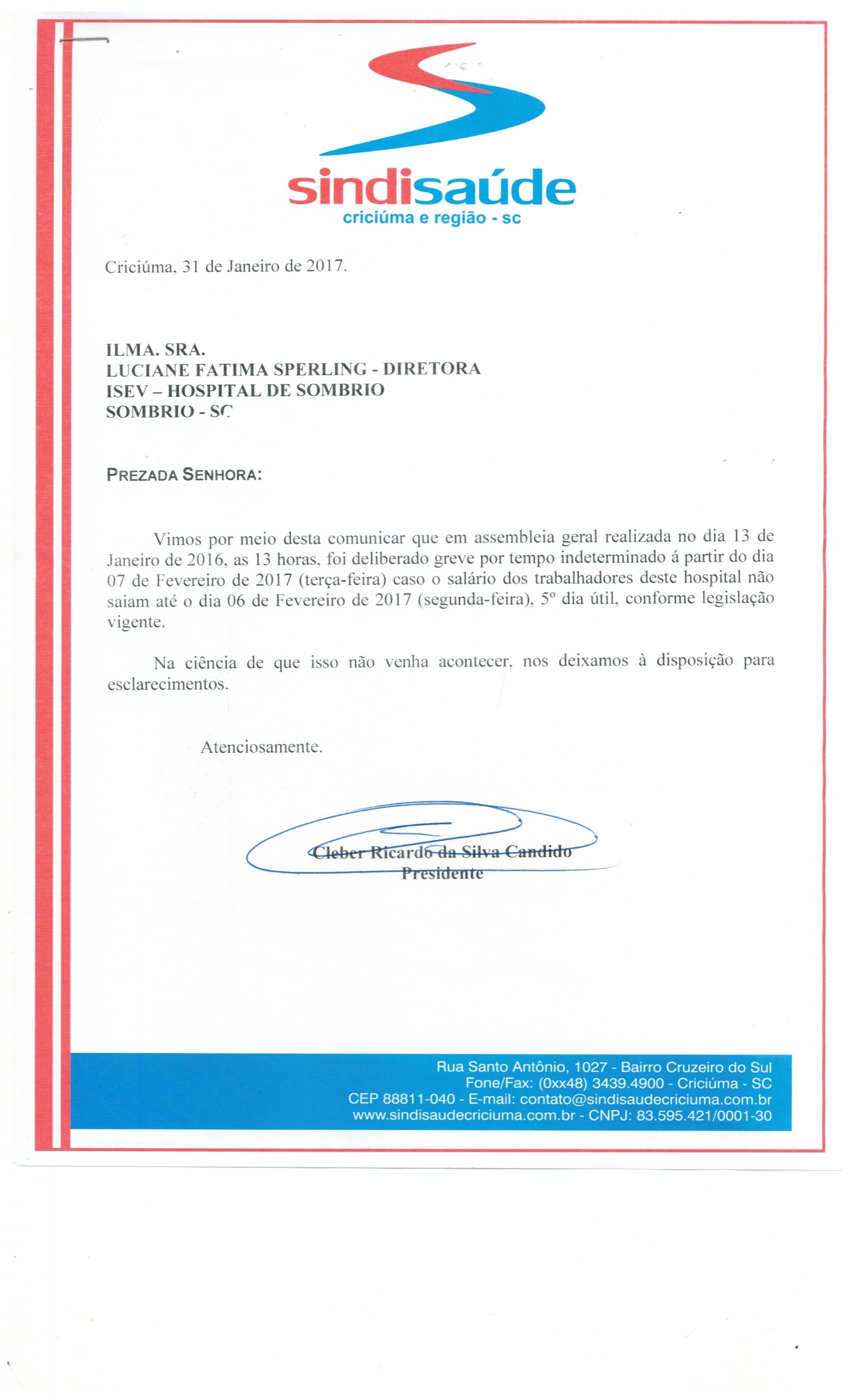 OFÍCIO COMUNICAÇÃO DE GREVE POR ATRASO DE SALÁRIOS ISEV - SOMBRIO