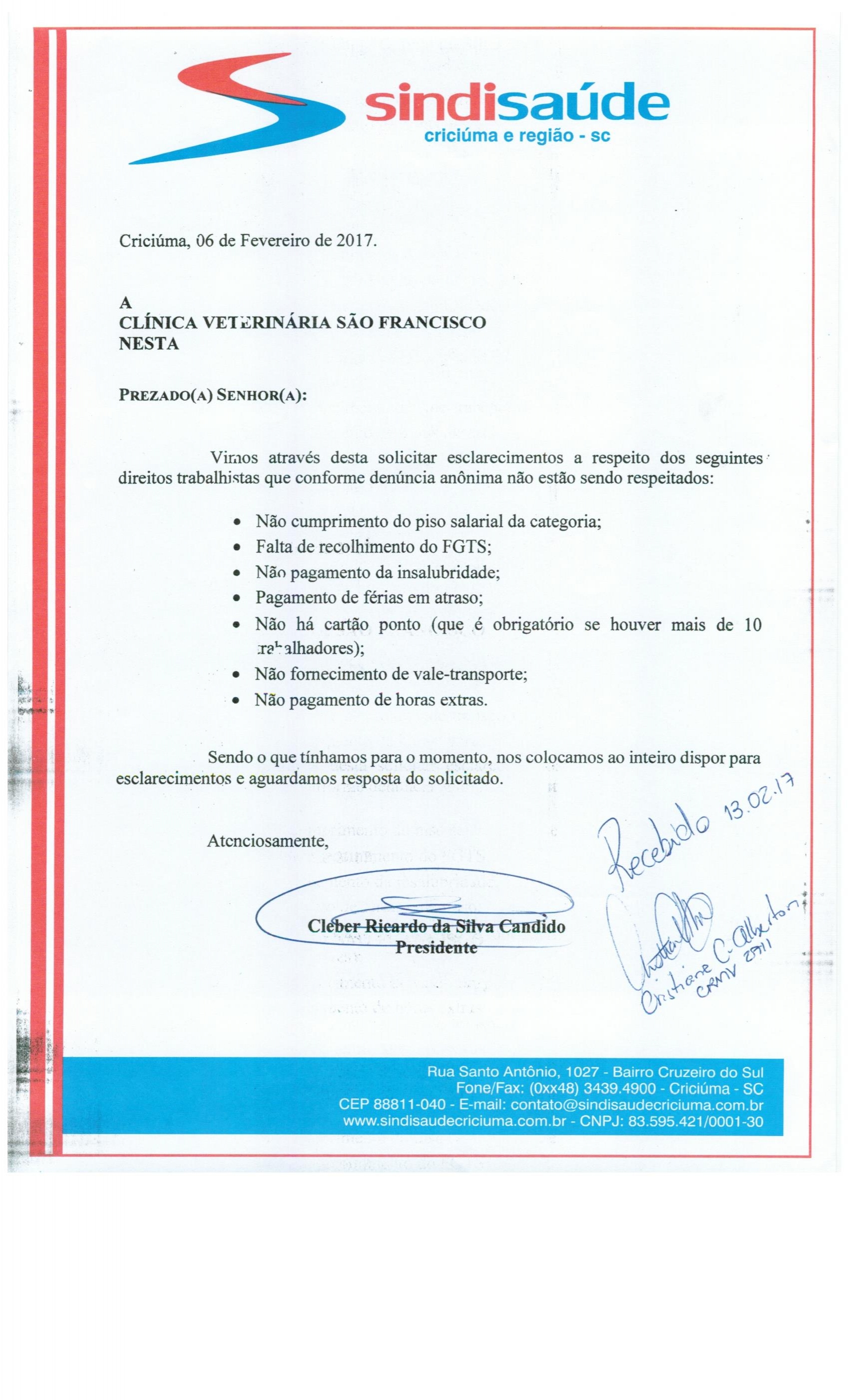 OFÍCIO ENCAMINHADO A CLÍNICA VETERINÁRIA SÃO FRANCISCO