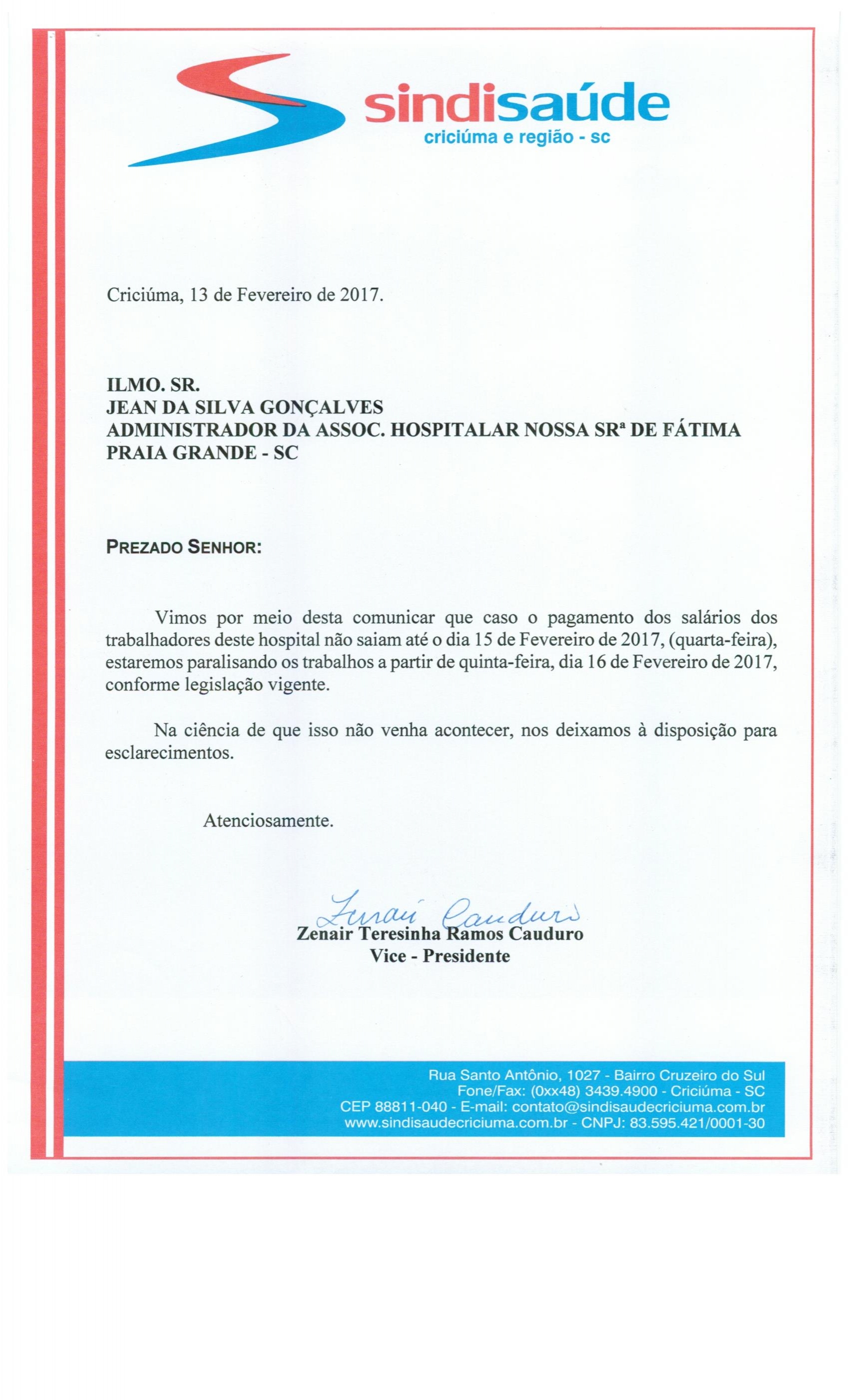 OFÍCIO COMUNICAÇÃO DE GREVE POR ATRASO DE SALÁRIOS HOSPITAL NOSSA SRª DE FÁTIMA DE PRAIA GRANDE