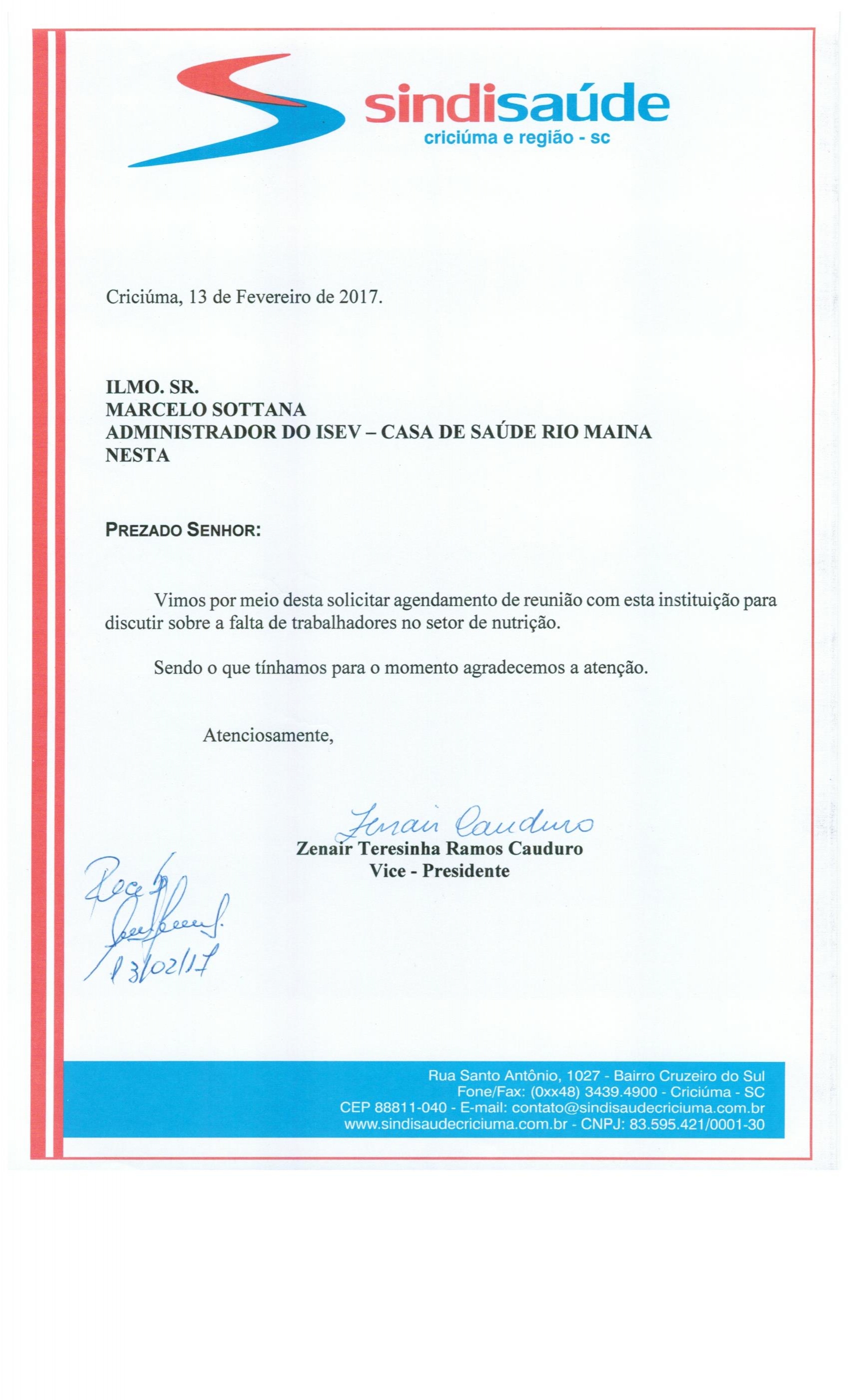 OFÍCIO ENCAMINHADO AO ISEV - CSRM SOBRE SETOR DE NUTRIÇÃO