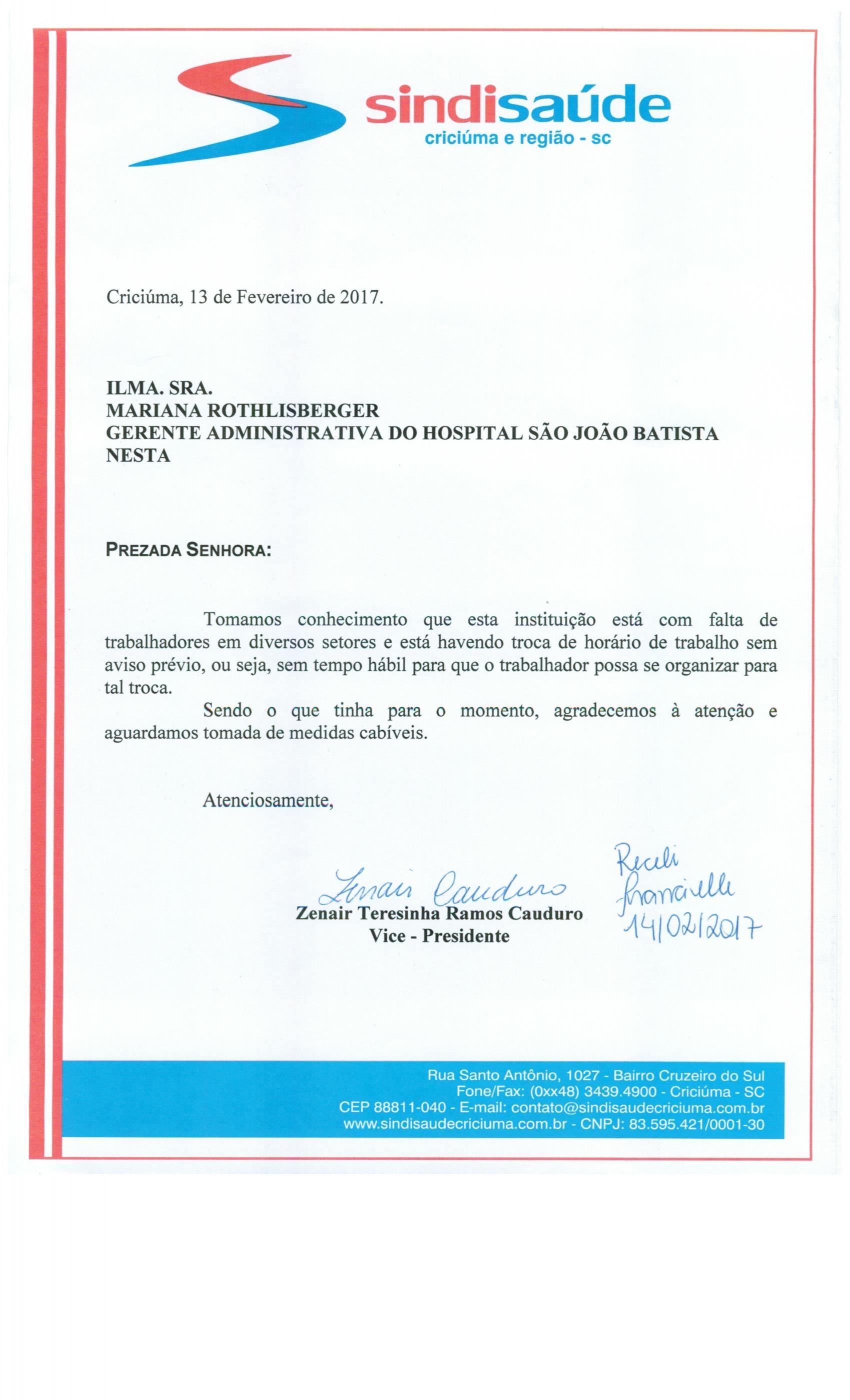 OFÍCIO ENCAMINHADO AO HSJB SOBRE TROCA DE HORÁRIOS