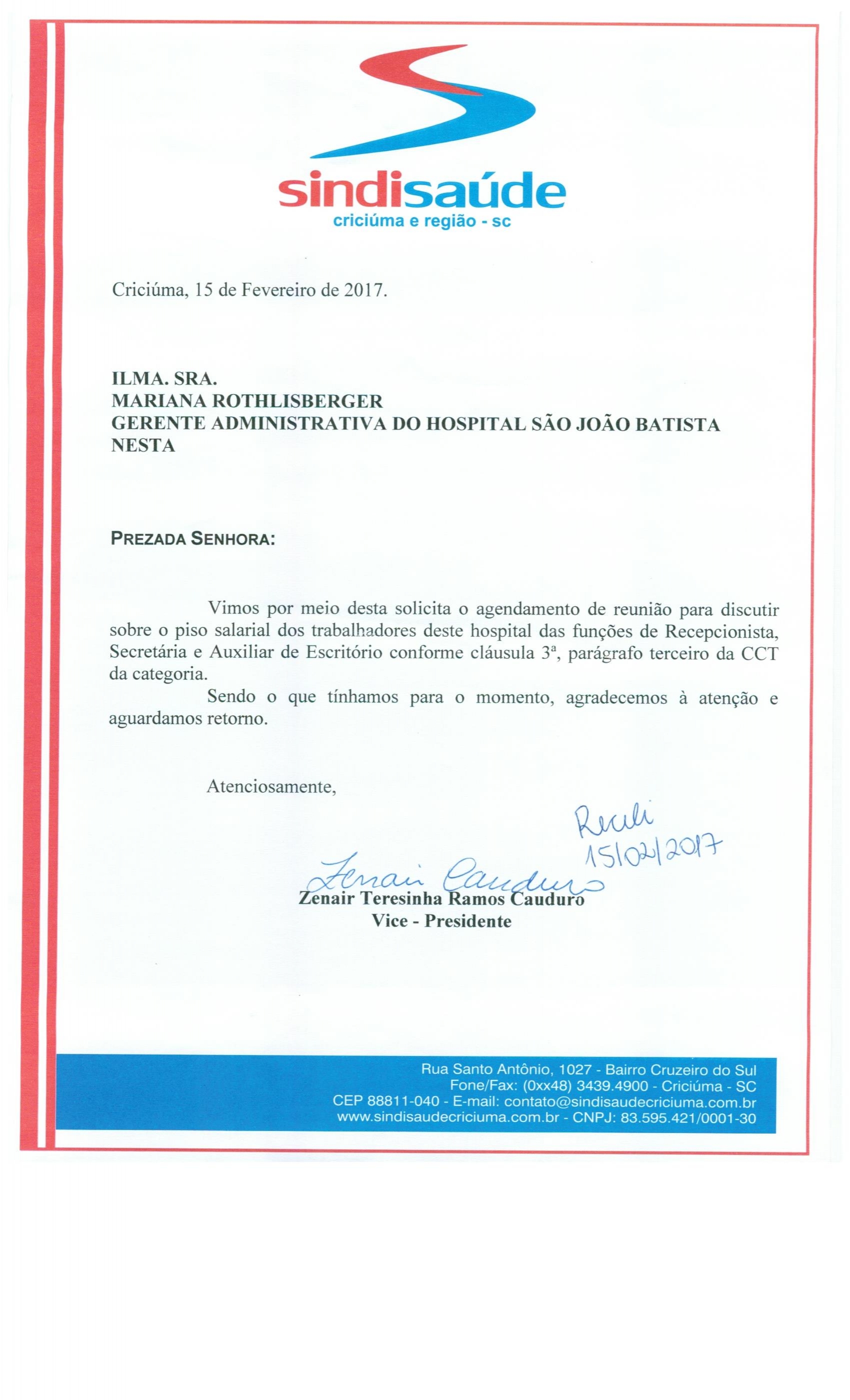 OFÍCIO ENCAMINHADO AO HSJB SOBRE PISO SALARIAL