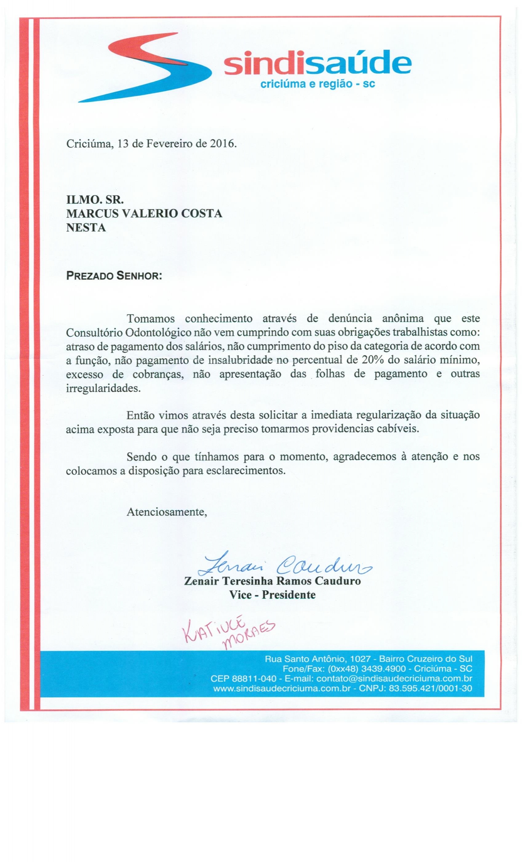 OFÍCIO ENCAMINHADO AO CONSULTÓRIO MARCUS VALERIO COSTA