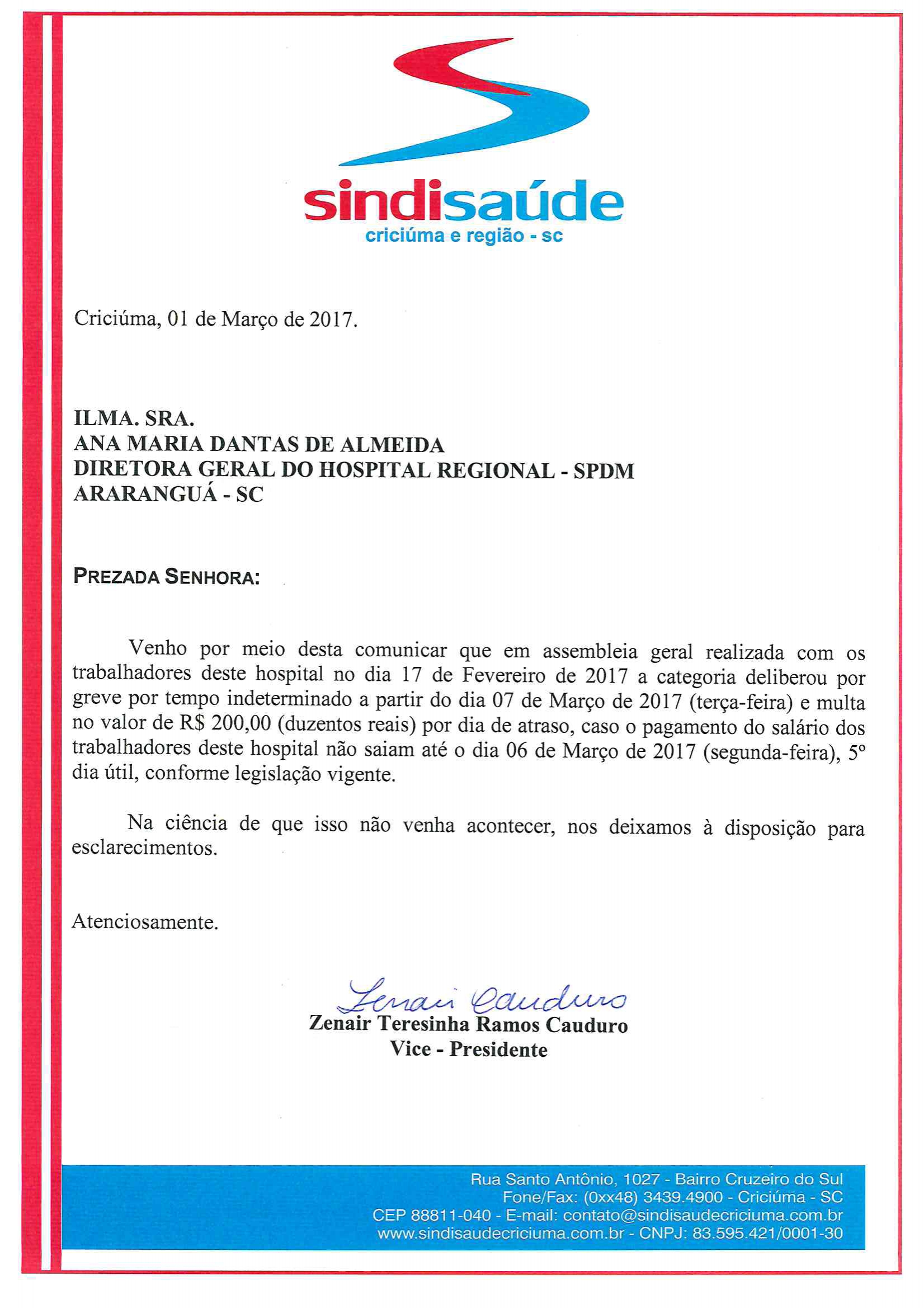 OFÍCIO COMUNICAÇÃO DE GREVE POR ATRASO DE SALÁRIOS SPDM - HRA