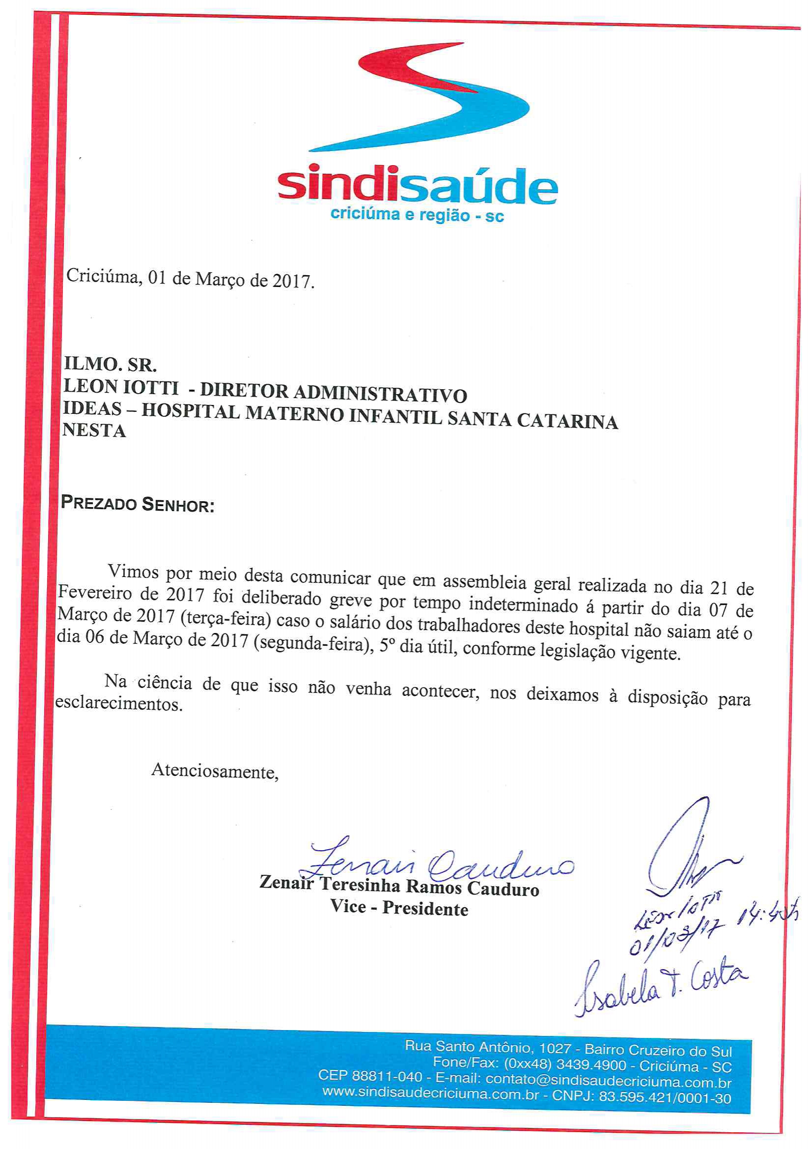 OFÍCIO COMUNICAÇÃO DE GREVE POR ATRASO DE SALÁRIOS IDEAS - H.M.I.S.C.