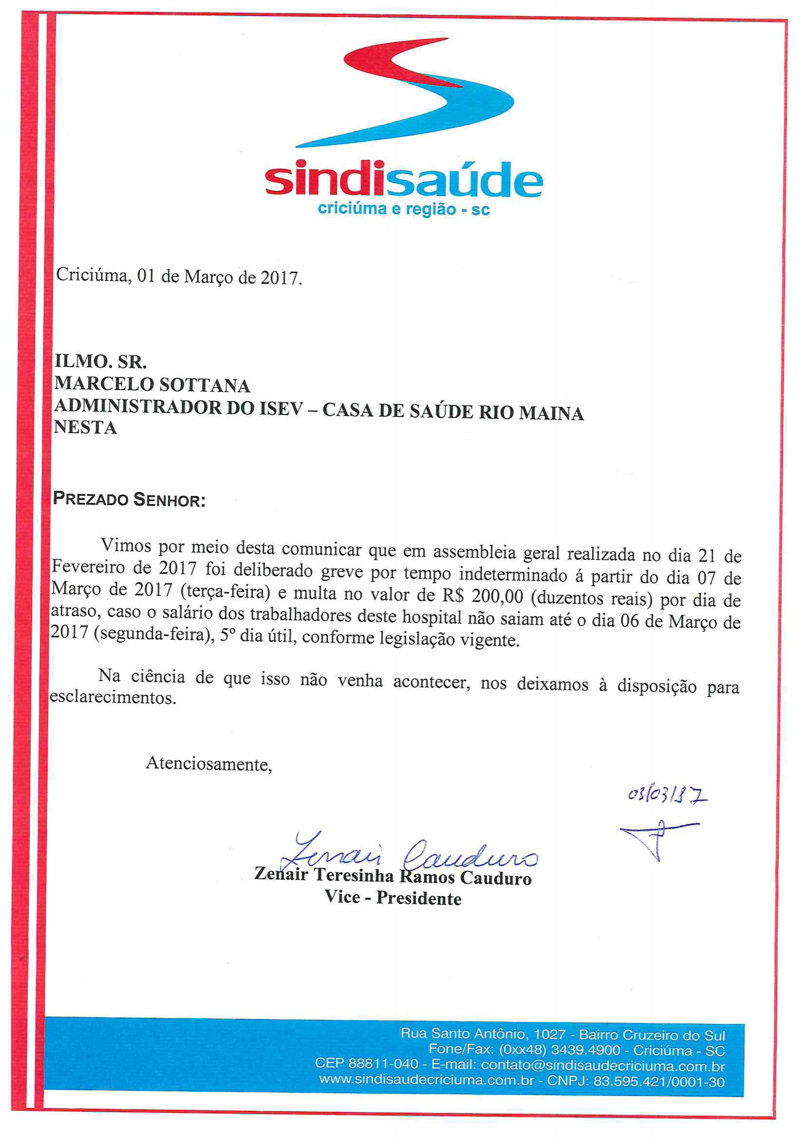 OFÍCIO COMUNICAÇÃO DE GREVE POR ATRASO DE SALÁRIOS ISEV - C.S.R.M.