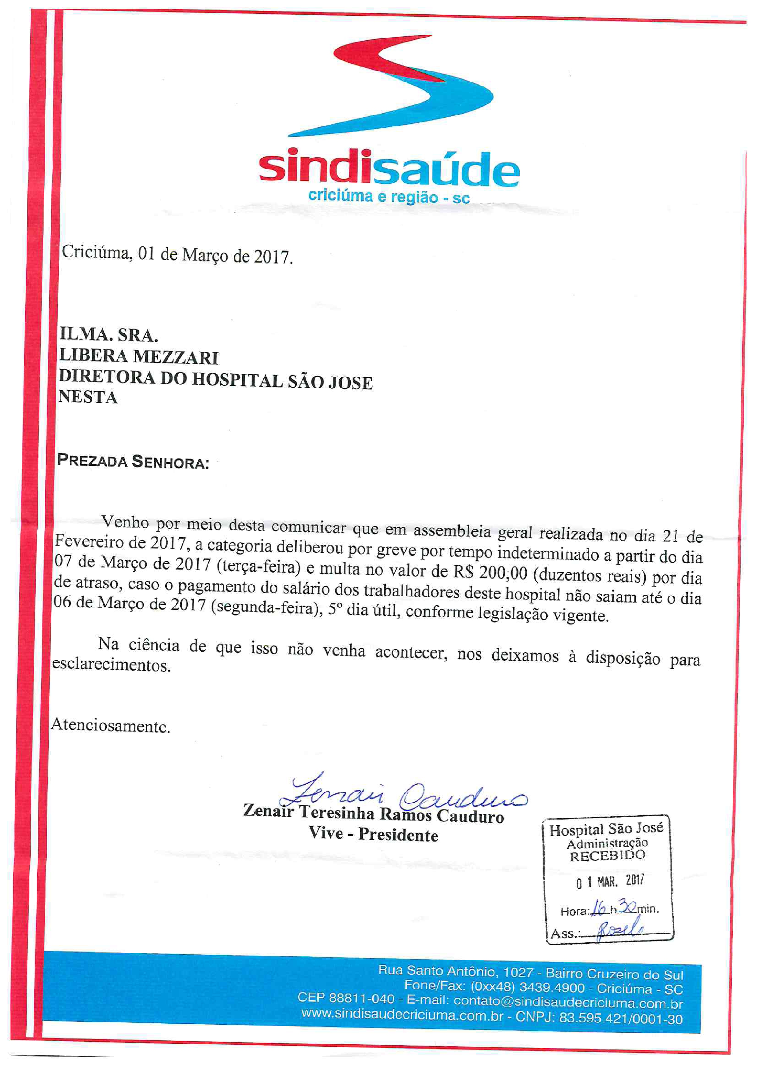 OFÍCIO COMUNICAÇÃO DE GREVE POR ATRASO DE SALÁRIOS HOSPITAL SÃO JOSÉ