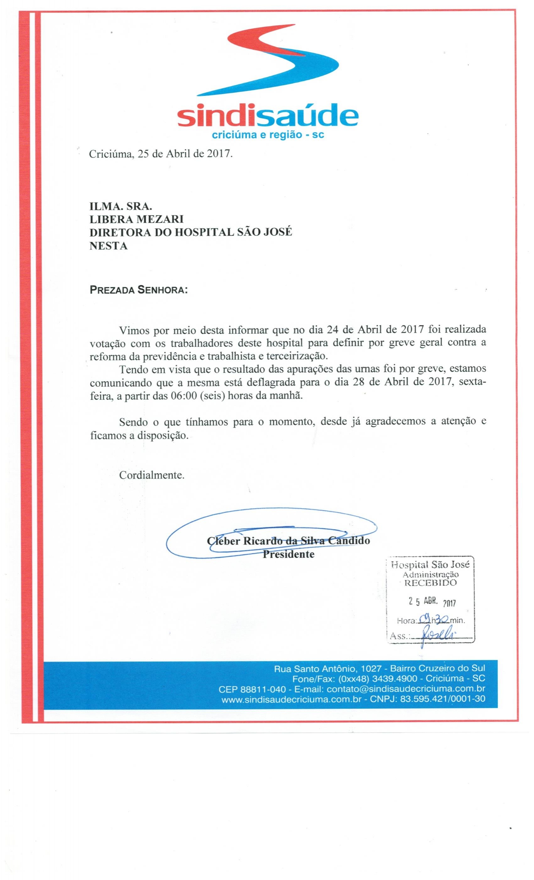 OFÍCIO SOBRE A GREVE GERAL DIA 28/04 HOSPITAL SÃO JOSE