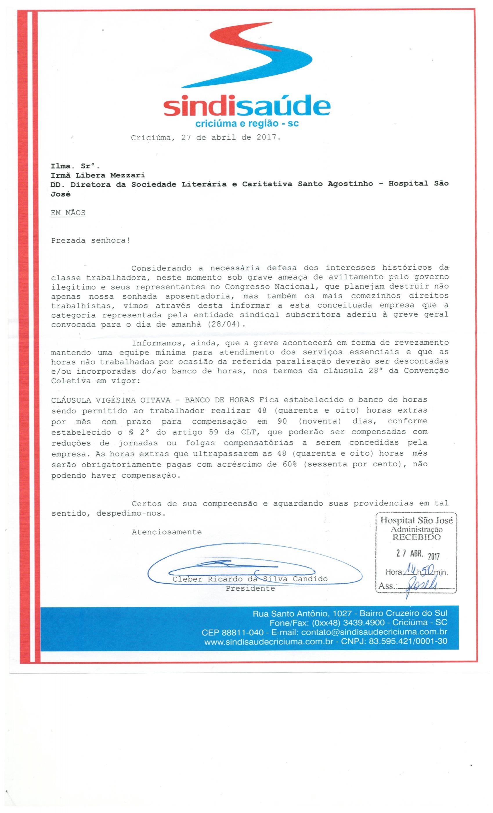 OFÍCIO ENCAMINHADO AO HOSPITAL SÃO JOSÉ SOBRE GREVE GERAL DIA 28 DE ABRIL