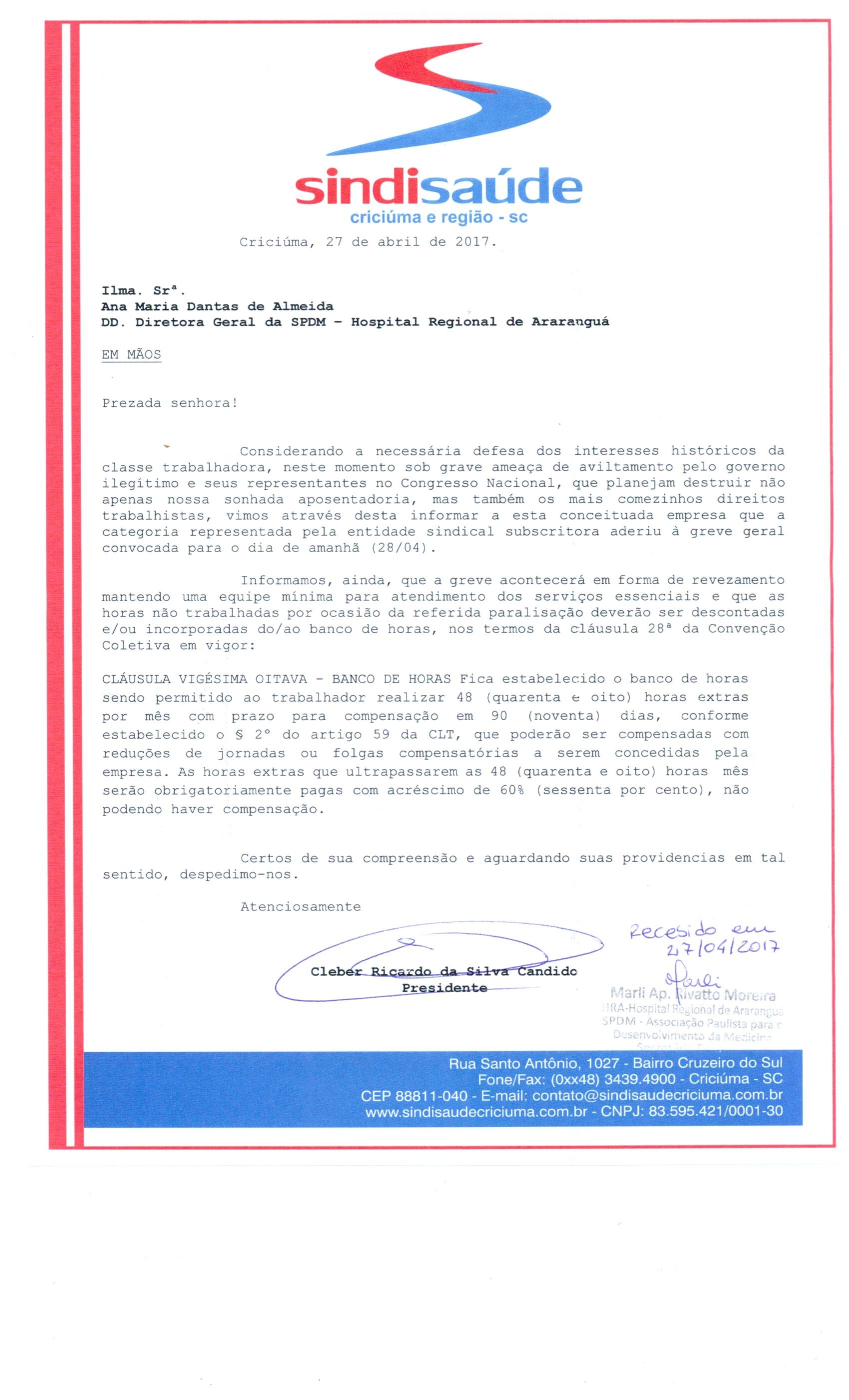 OFÍCIO ENCAMINHADO AO HOSPITAL REGIONAL DE ARARANGUÁ SOBRE GREVE GERAL DIA 28 DE ABRIL