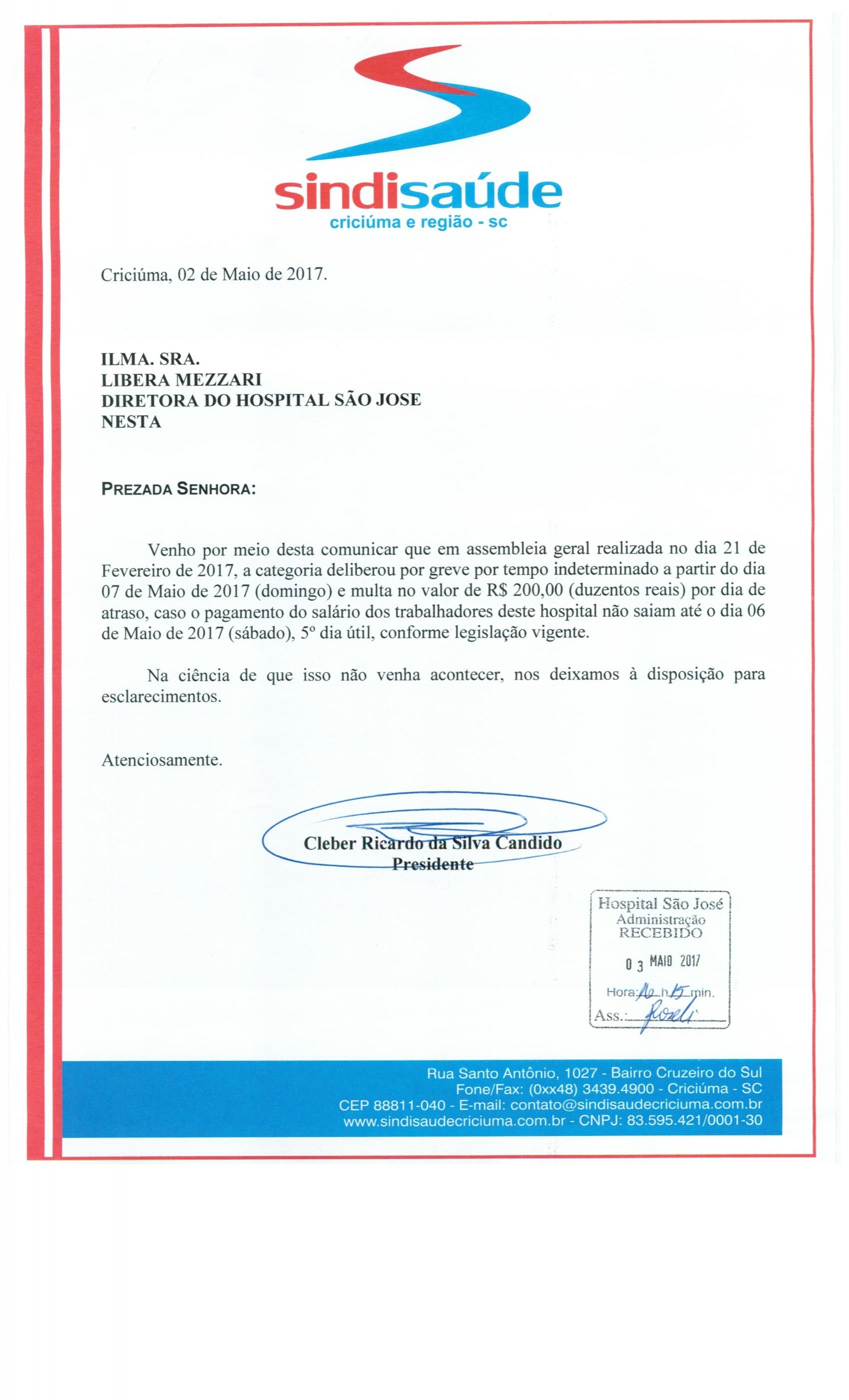 OFÍCIO COMUNICAÇÃO DE GREVE POR ATRASO DE SALÁRIOS HOSPITAL SÃO JOSÉ