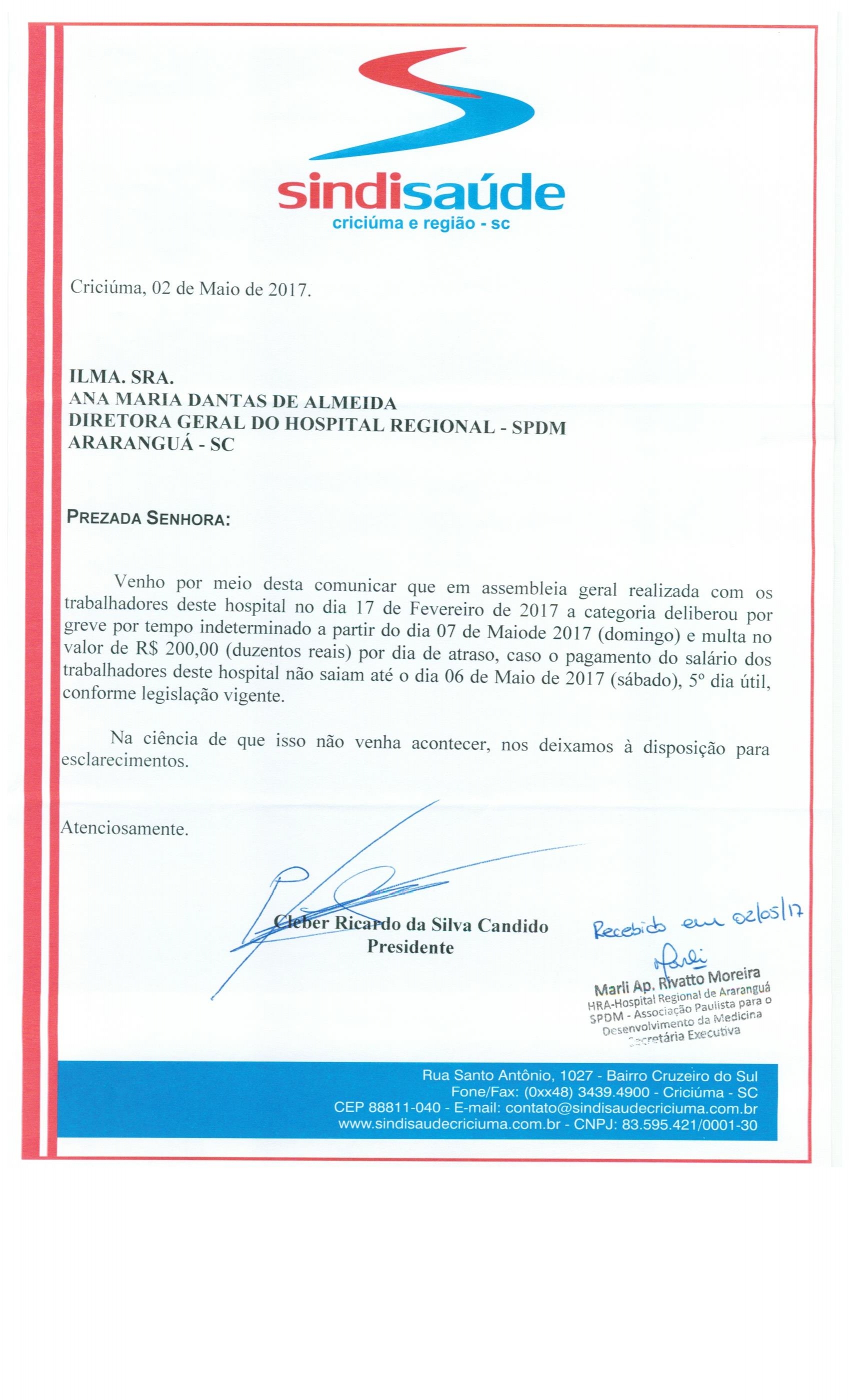 OFÍCIO COMUNICAÇÃO DE GREVE POR ATRASO DE SALÁRIOS SPDM - HRA