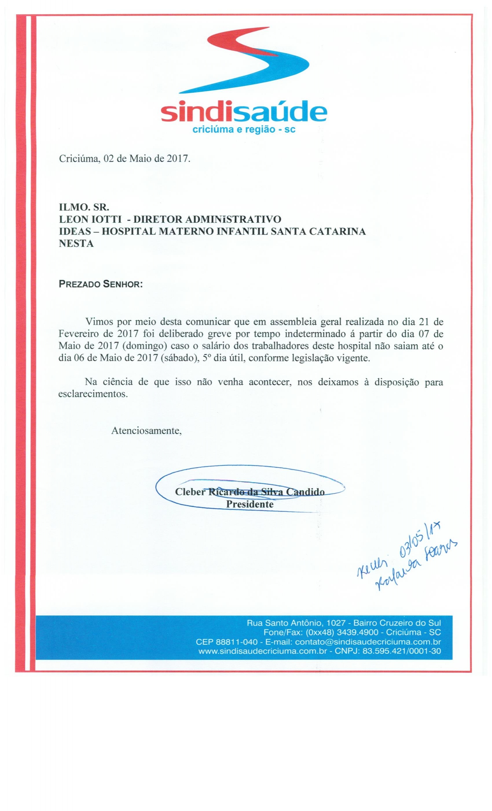 OFÍCIO COMUNICAÇÃO DE GREVE POR ATRASO DE SALÁRIOS IDEAS - H.M.I.S.C.