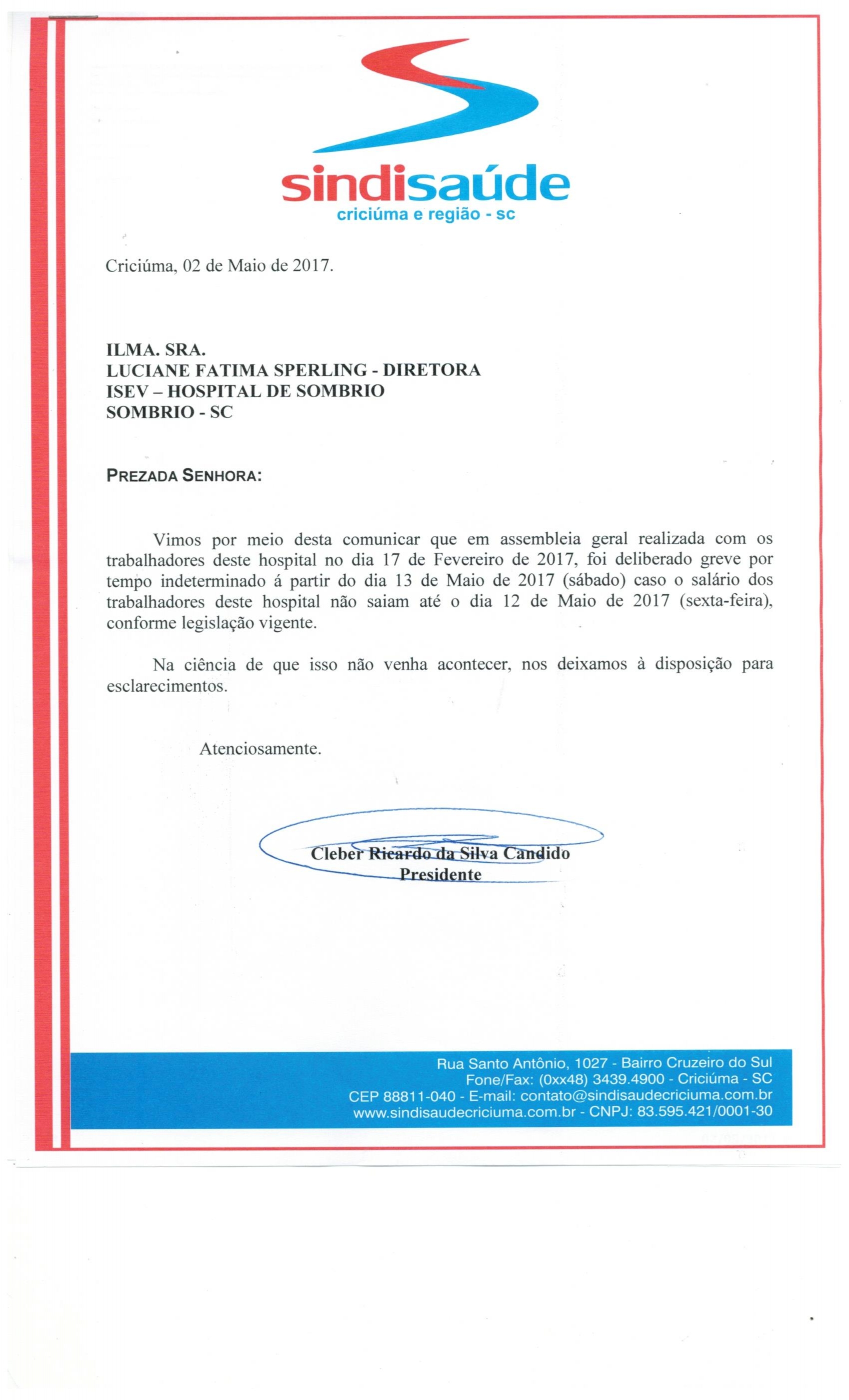 OFÍCIO COMUNICAÇÃO DE GREVE POR ATRASO DE SALÁRIOS ISEV - SOMBRIO