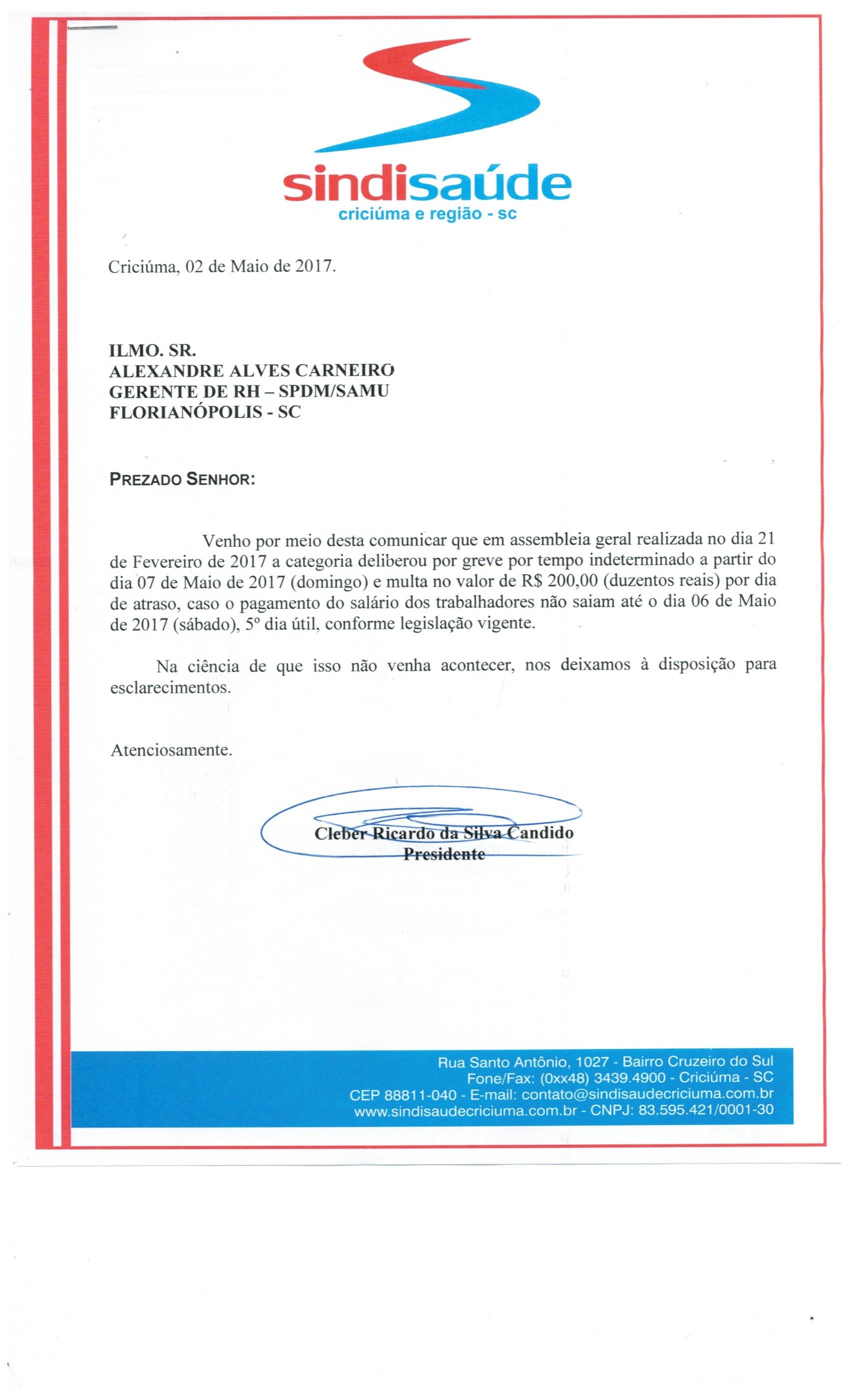 OFÍCIO COMUNICAÇÃO DE GREVE POR ATRASO DE SALÁRIOS SPDM - SAMU
