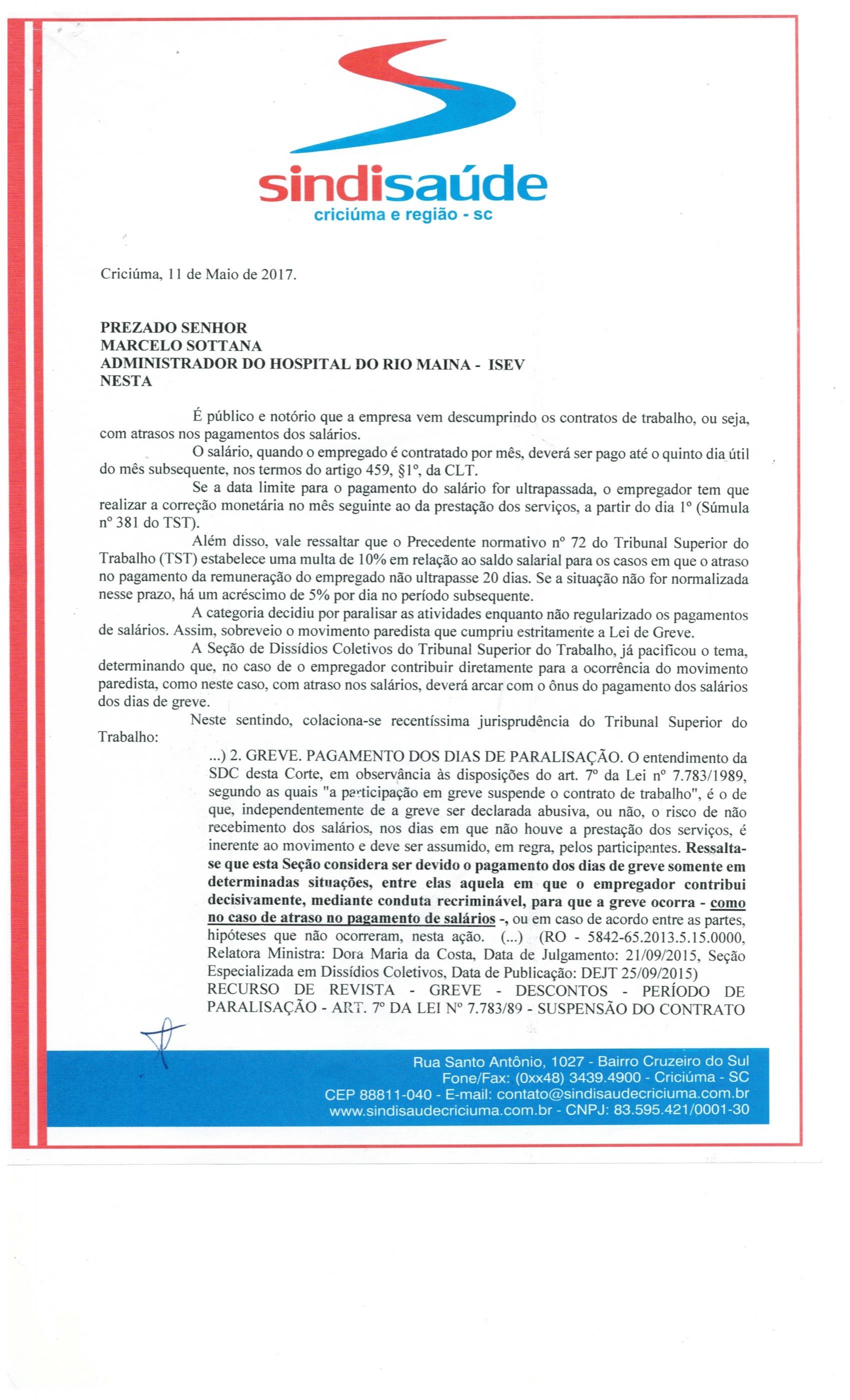 Ofício encaminhado ao Isev - CSRM sobre acordo de pagamento dos dias de greve