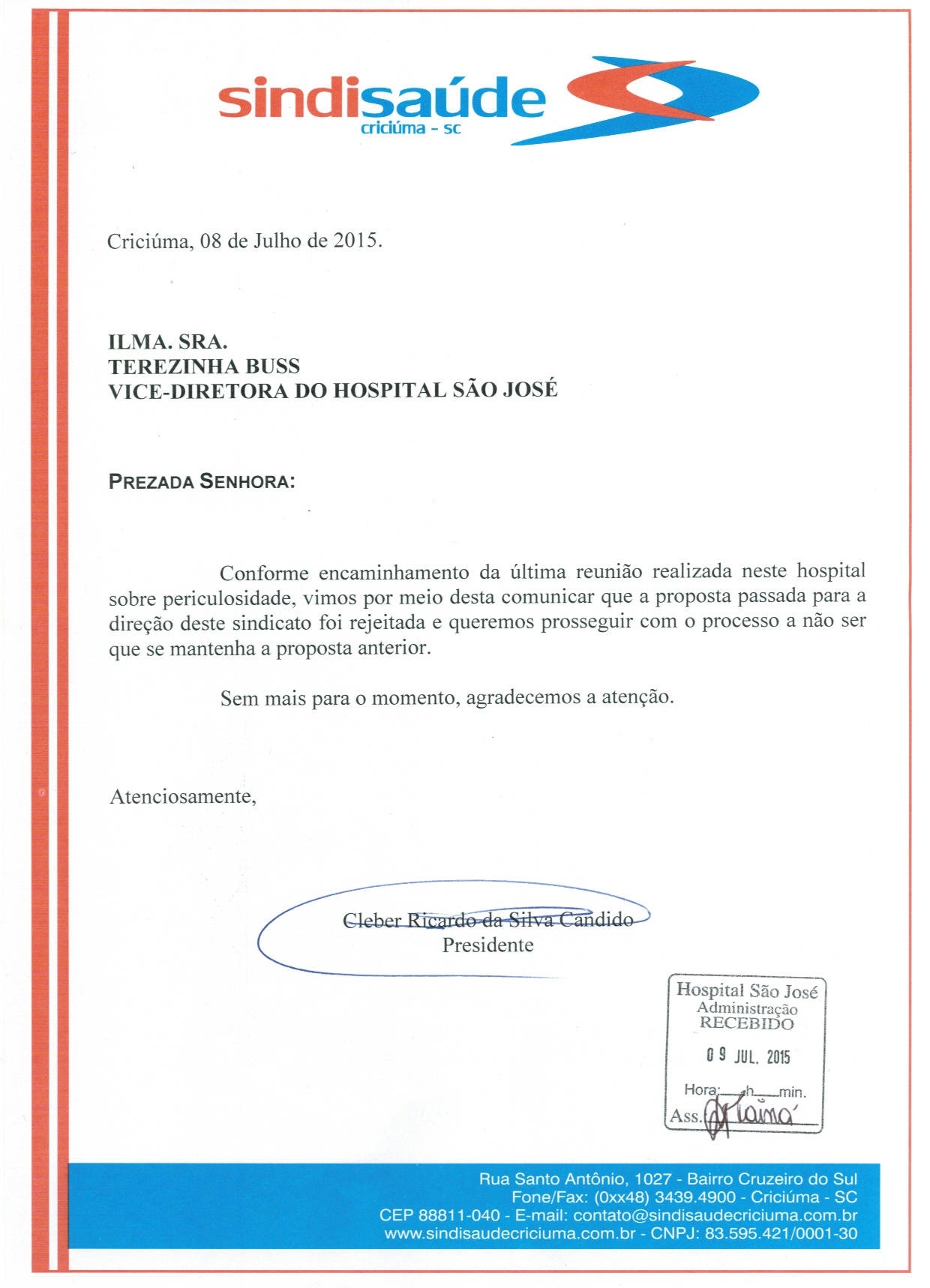 Oficio encaminhado ao Hospital São José sobre periculosidade