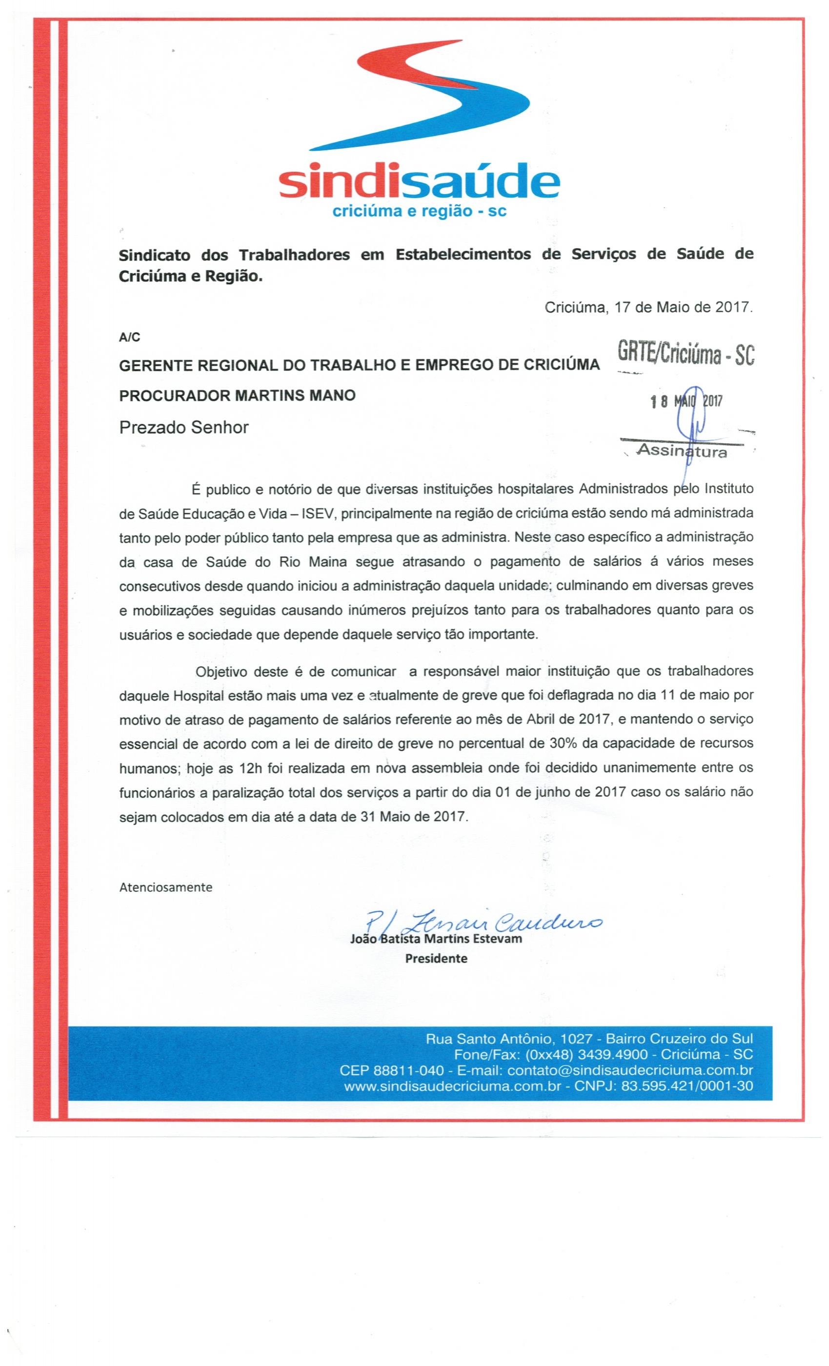 OFÍCIO ENCAMINHADO A GERENCIA REGIONAL DO TRABALHO DE CRICIÚMA SOBRE ISEV - CSRM