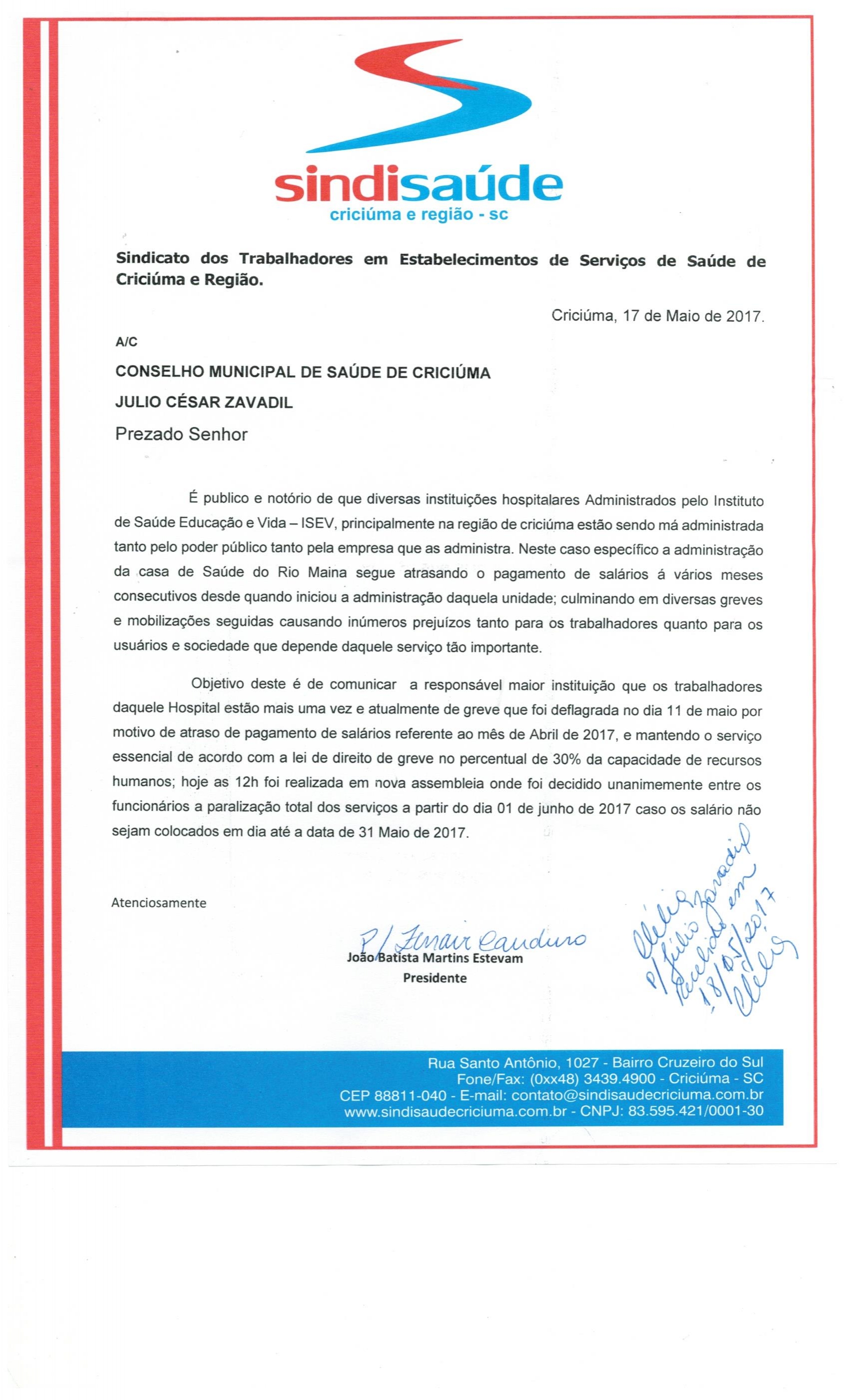 OFÍCIO ENCAMINHADO AO CONSELHO MUNICIPAL DE SAÚDE DE CRICIÚMA SOBRE ISEV - CSRM