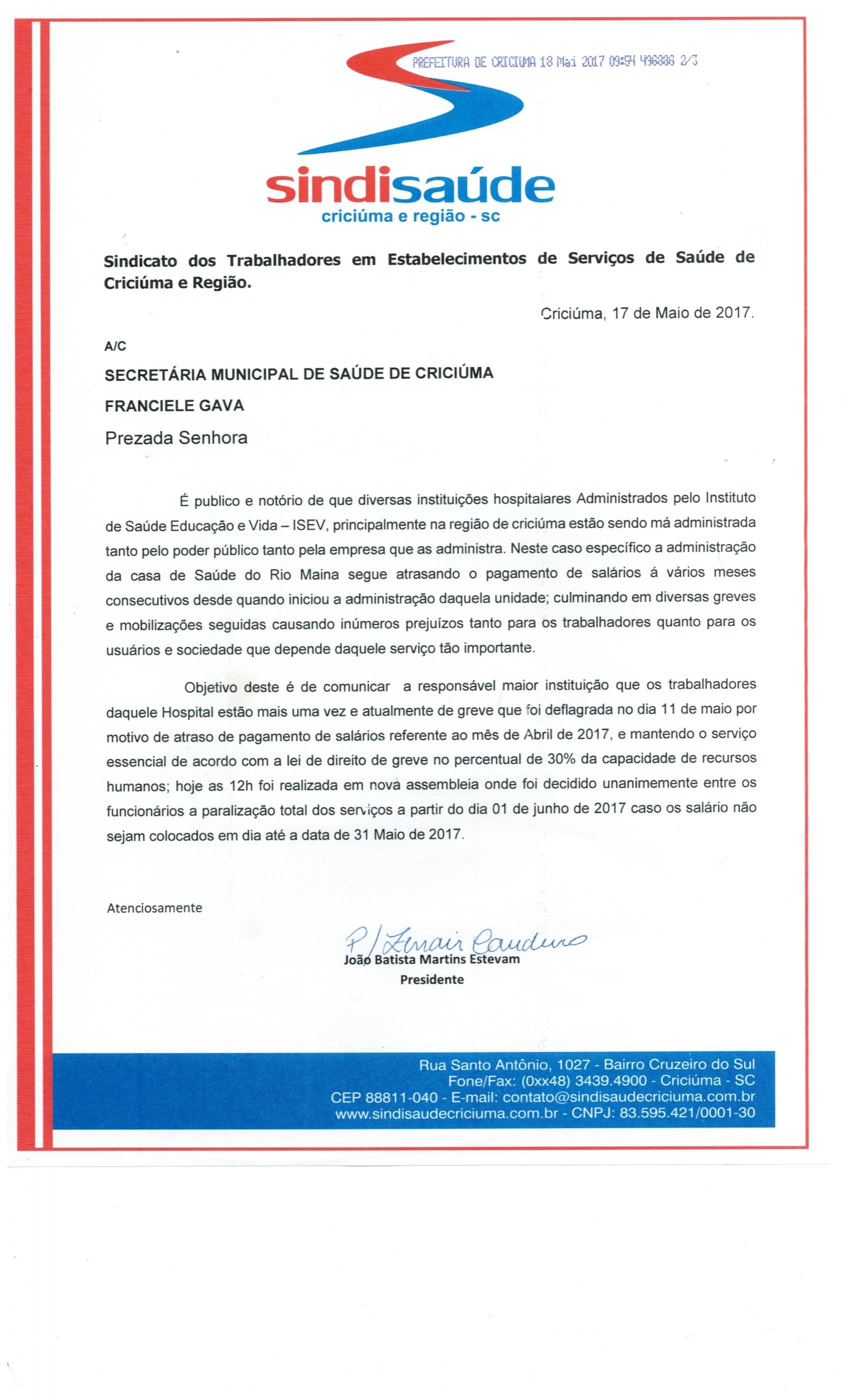 OFÍCIO ENCAMINHADO A SECRETÁRIA MUNICIPAL DE SAÚDE DE CRICIÚMA SOBRE ISEV - CSRM