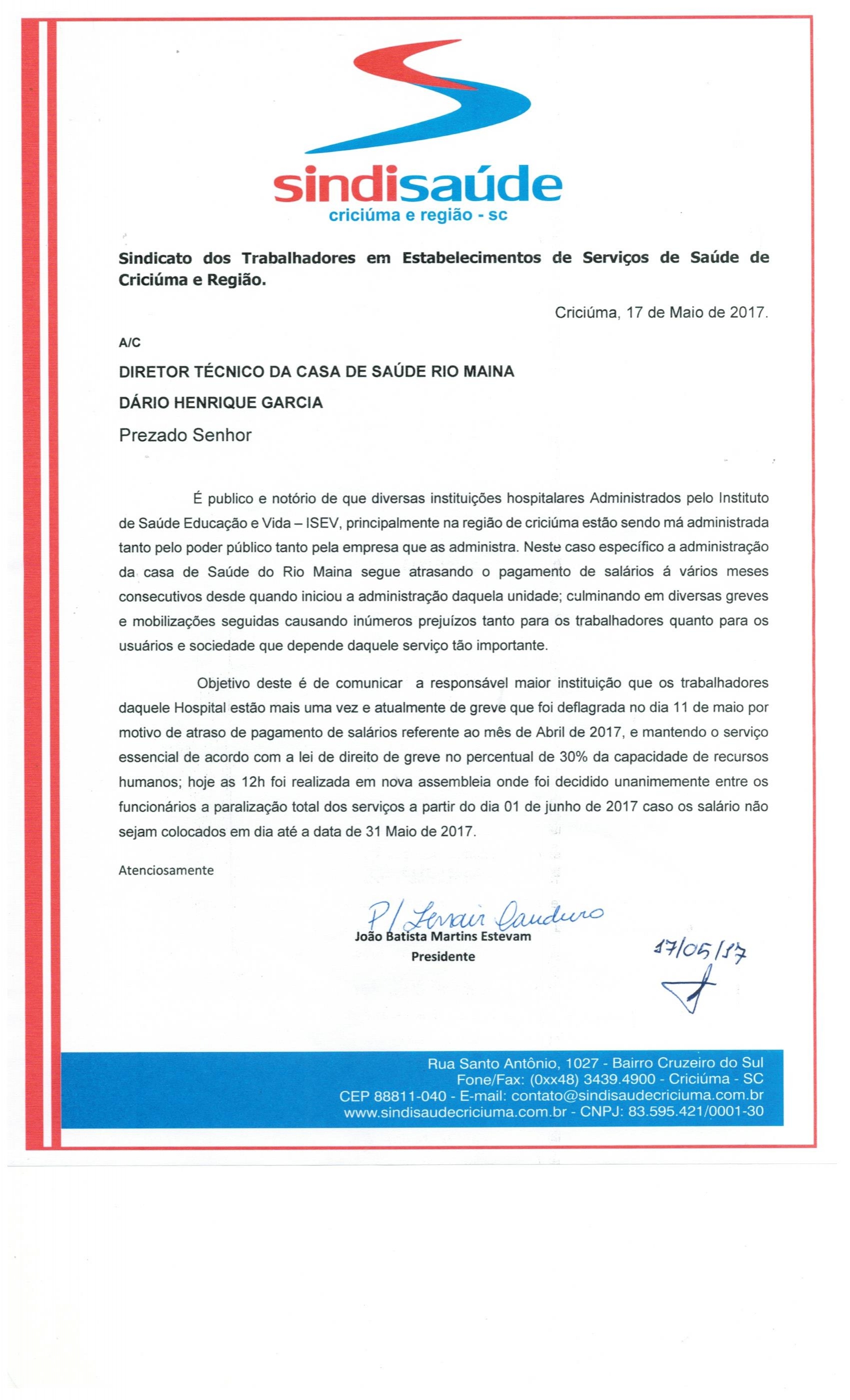 OFÍCIO ENCAMINHADO AO DIRETOR TÉCNICO DÁRIO HENRIQUE GARCIA SOBRE ISEV - CSRM 