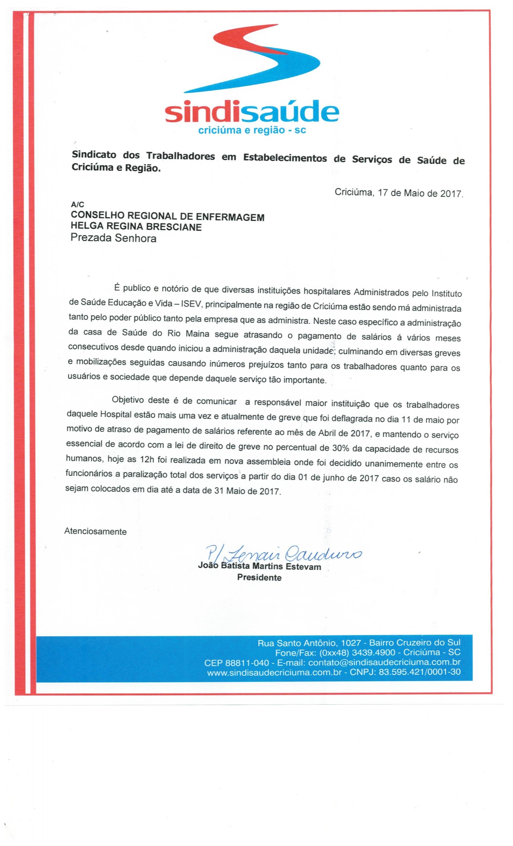 OFÍCIO ENCAMINHADO A HELGA REGINA BRESCIANE DO COREN SOBRE ISEV - CSRM