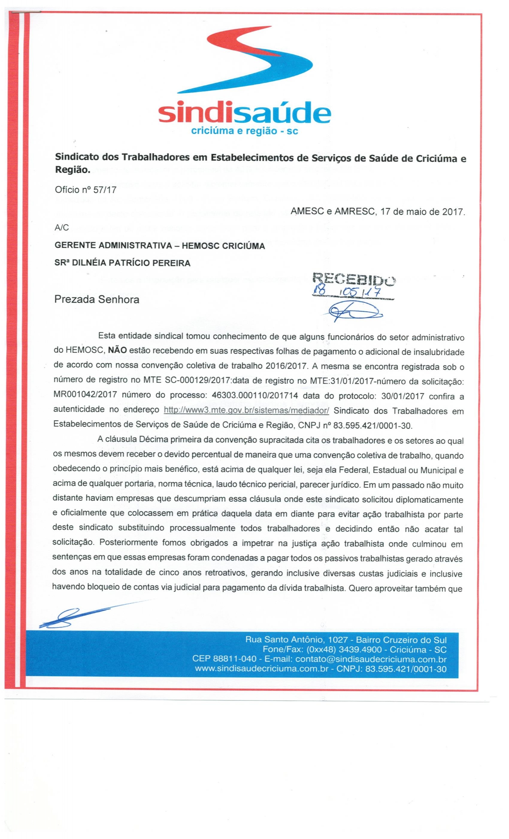 OFÍCIO ENCAMINHADO AO HEMOSC DE CRICIÚMA