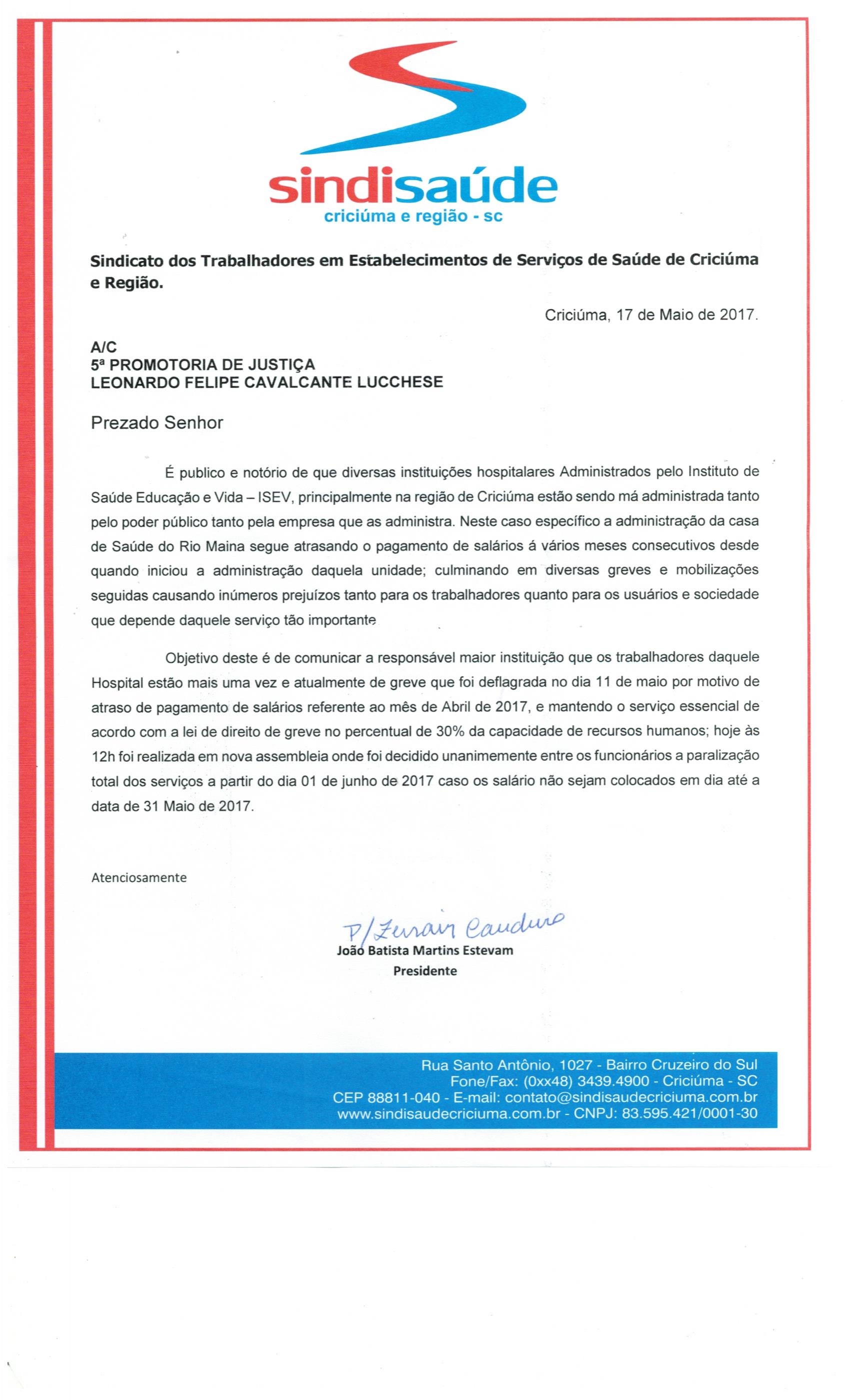 OFÍCIO ENCAMINHADO AO MINISTÉRIO PÚBLICO DO TRABALHO DE CRICIÚMA SOBRE ISEV - CSRM