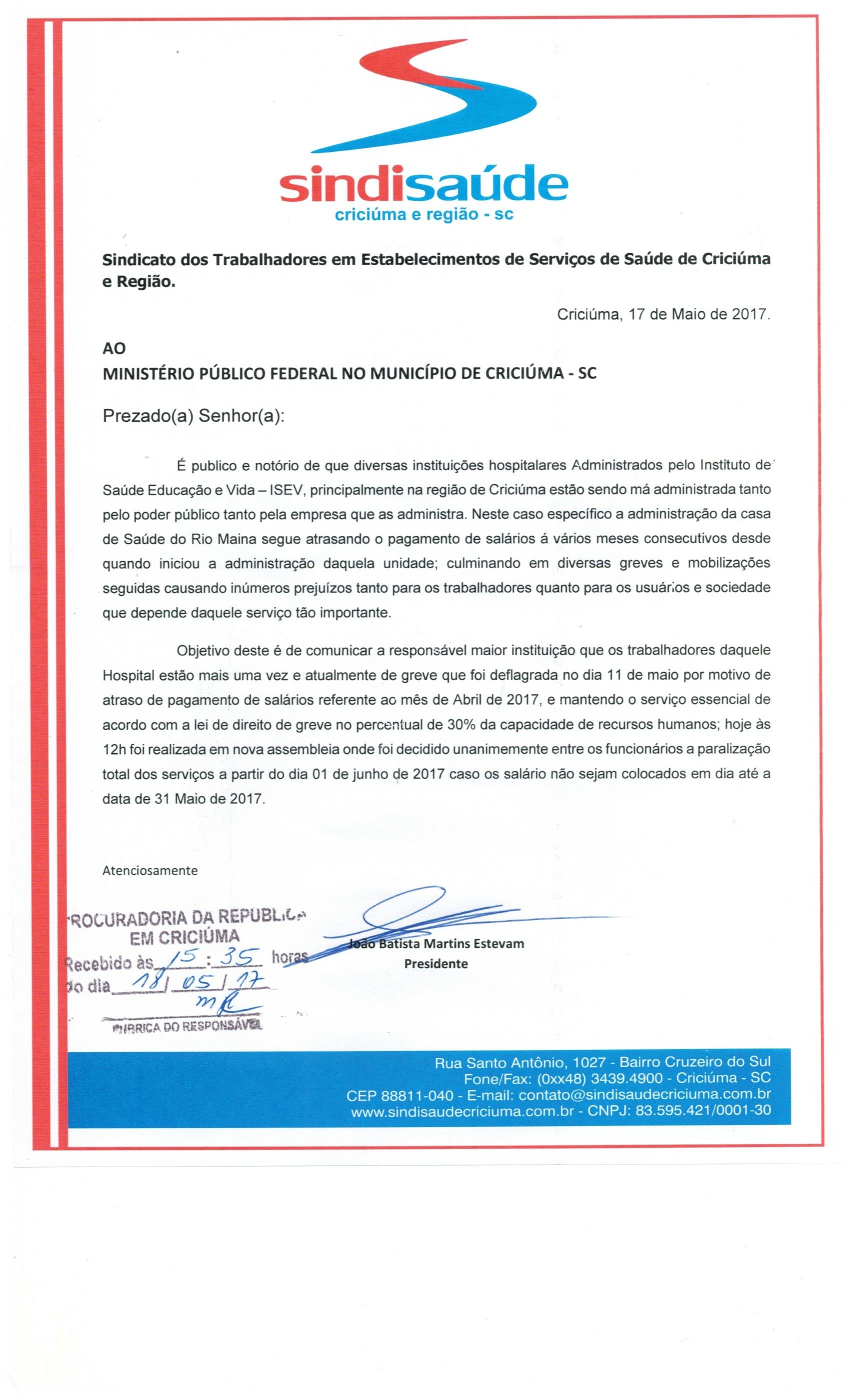 OFÍCIO ENCAMINHADO AO MINISTÉRIO PÚBLICO FEDERAL DE CRICIÚMA SOBRE ISEV - CSRM