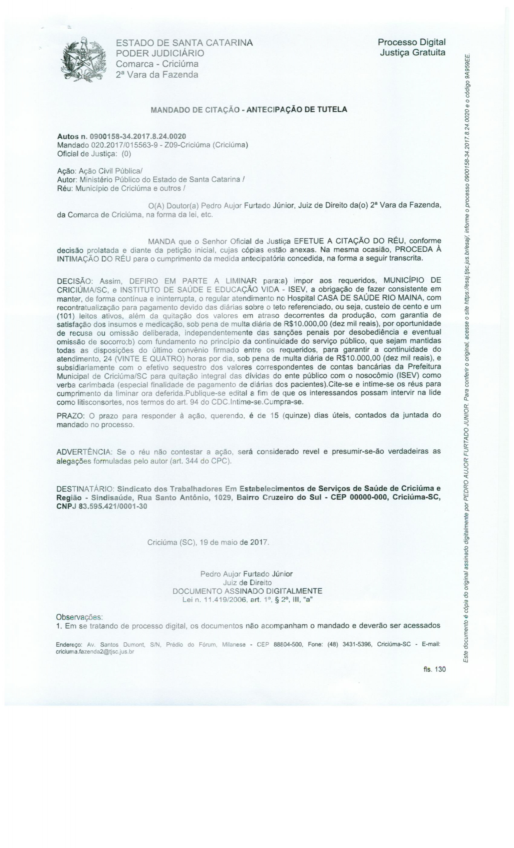 MANDADO DE CITAÇÃO - ANTECIPAÇÃO DE TUTELA ISEV - CSRM