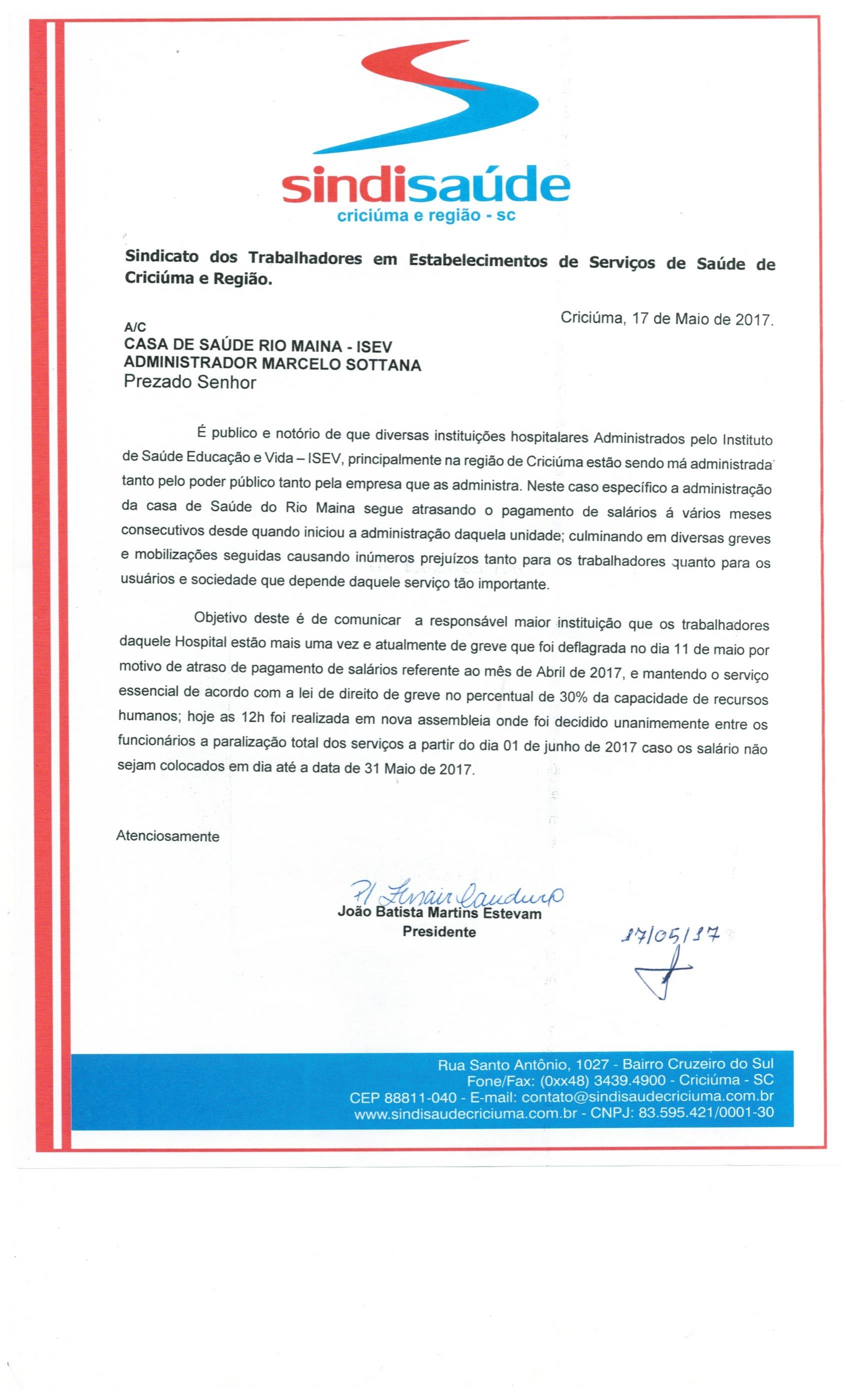 OFÍCIO ENCAMINHADO AO ISEV - CASA DE SAÚDE RIO MAINA