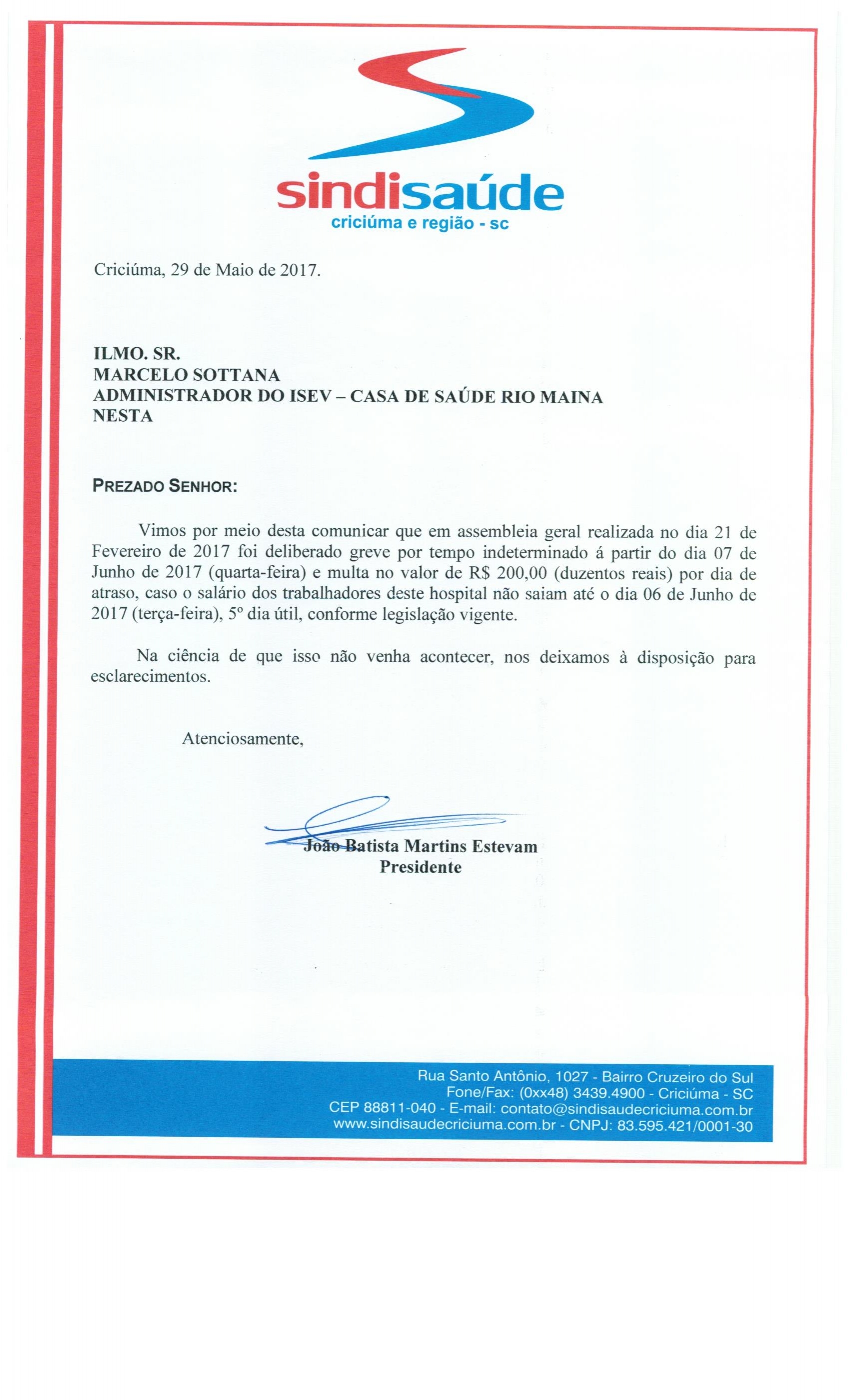 OFÍCIO COMUNICAÇÃO DE GREVE POR ATRASO DE PAGAMENTO DE SALÁRIO ISEV - CSRM