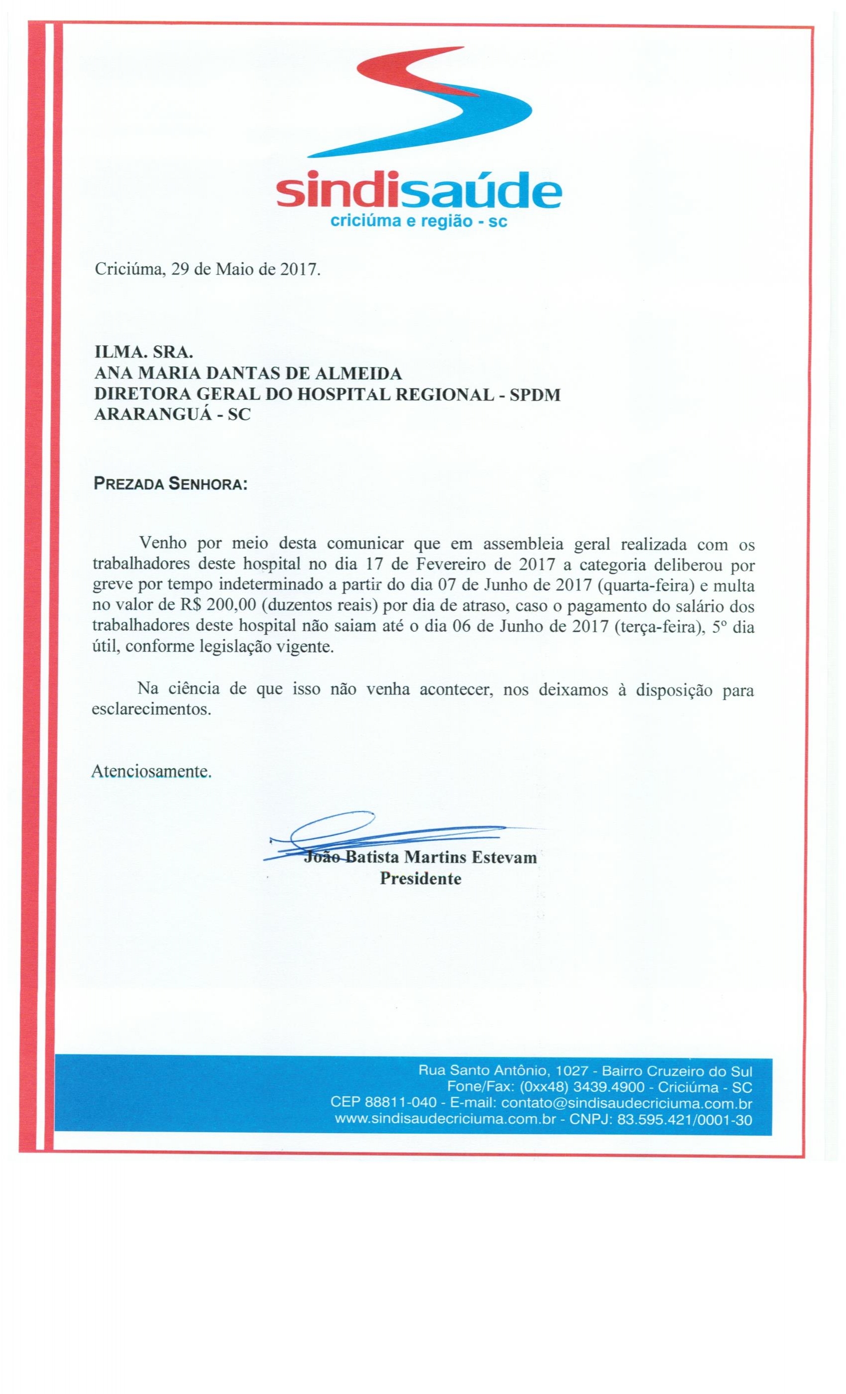 OFÍCIO COMUNICAÇÃO DE GREVE POR ATRASO DE PAGAMENTO DE SALÁRIO SPDM - HRA