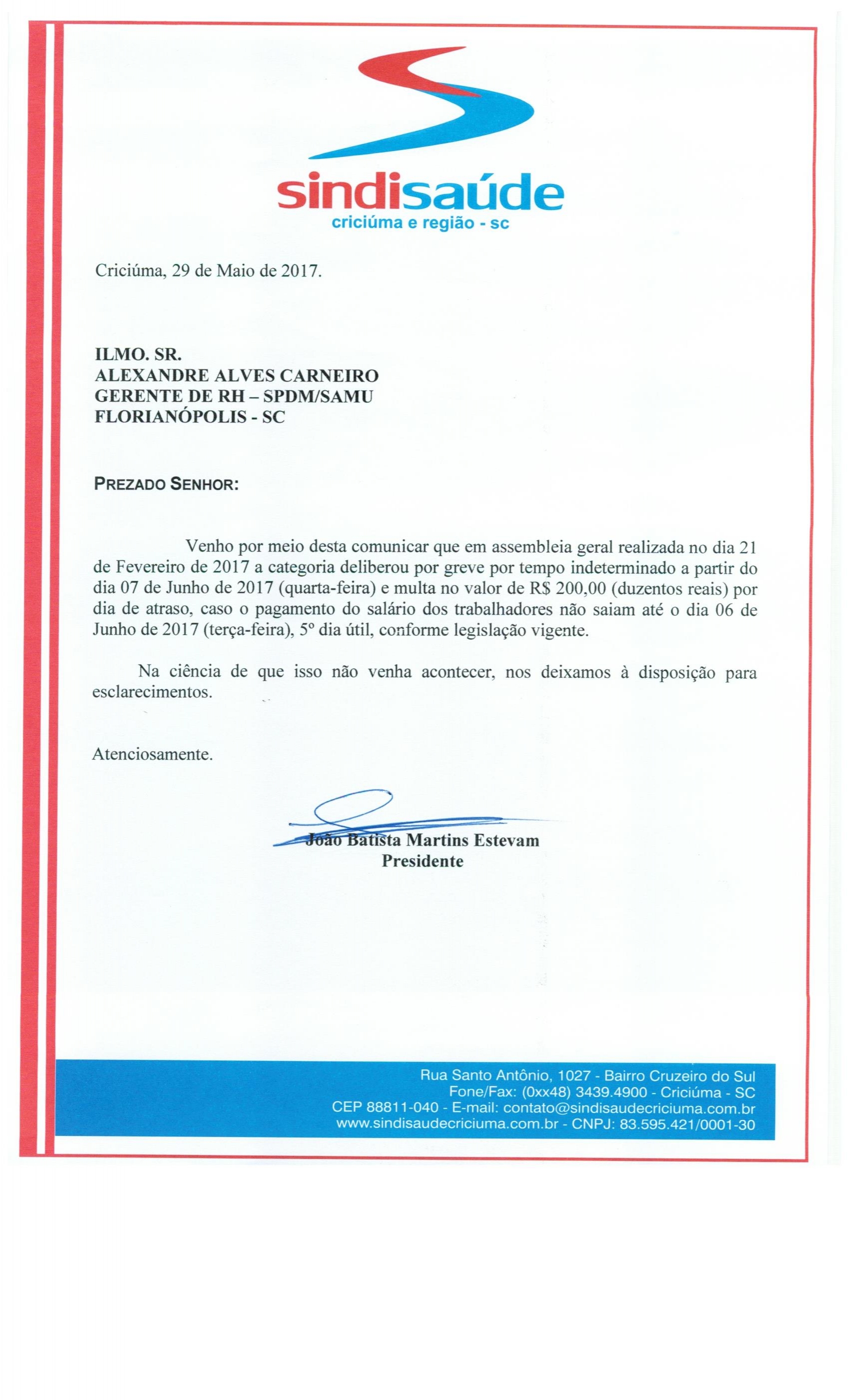 OFÍCIO COMUNICAÇÃO DE GREVE POR ATRASO DE PAGAMENTO DE SALÁRIO SPDM - SAMU