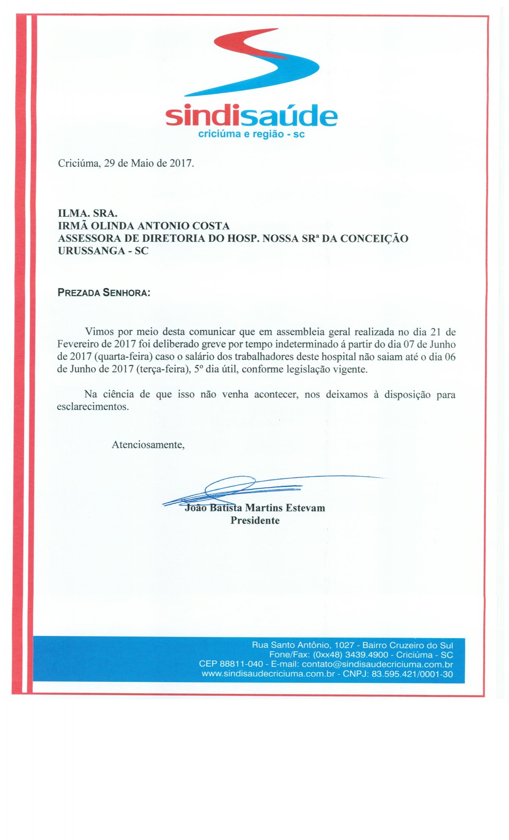OFÍCIO COMUNICAÇÃO DE GREVE POR ATRASO DE PAGAMENTO DE SALÁRIO HOSPITAL DE URUSSANGA