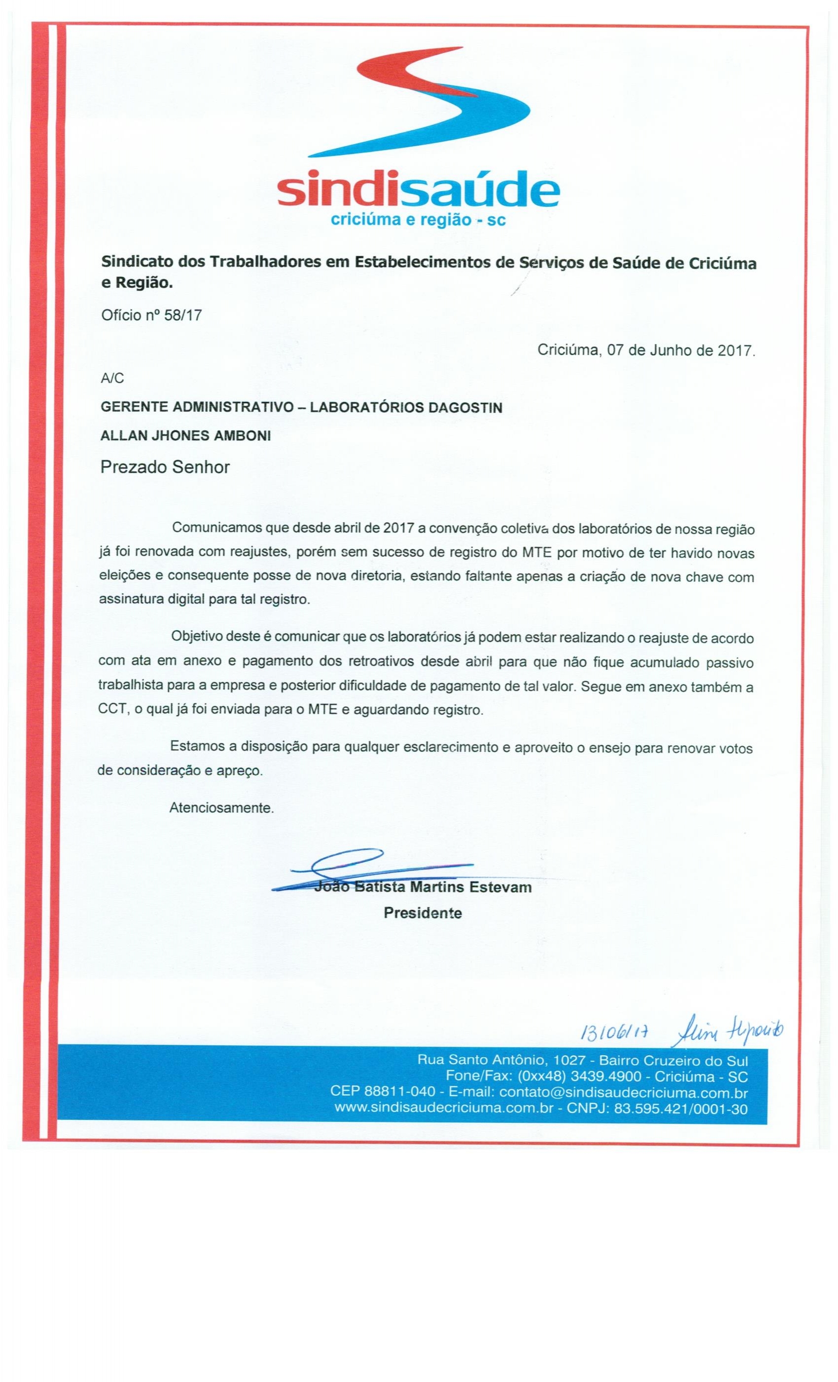 OFÍCIO ENCAMINHADO AO LABORATÓRIO DAGOSTIN