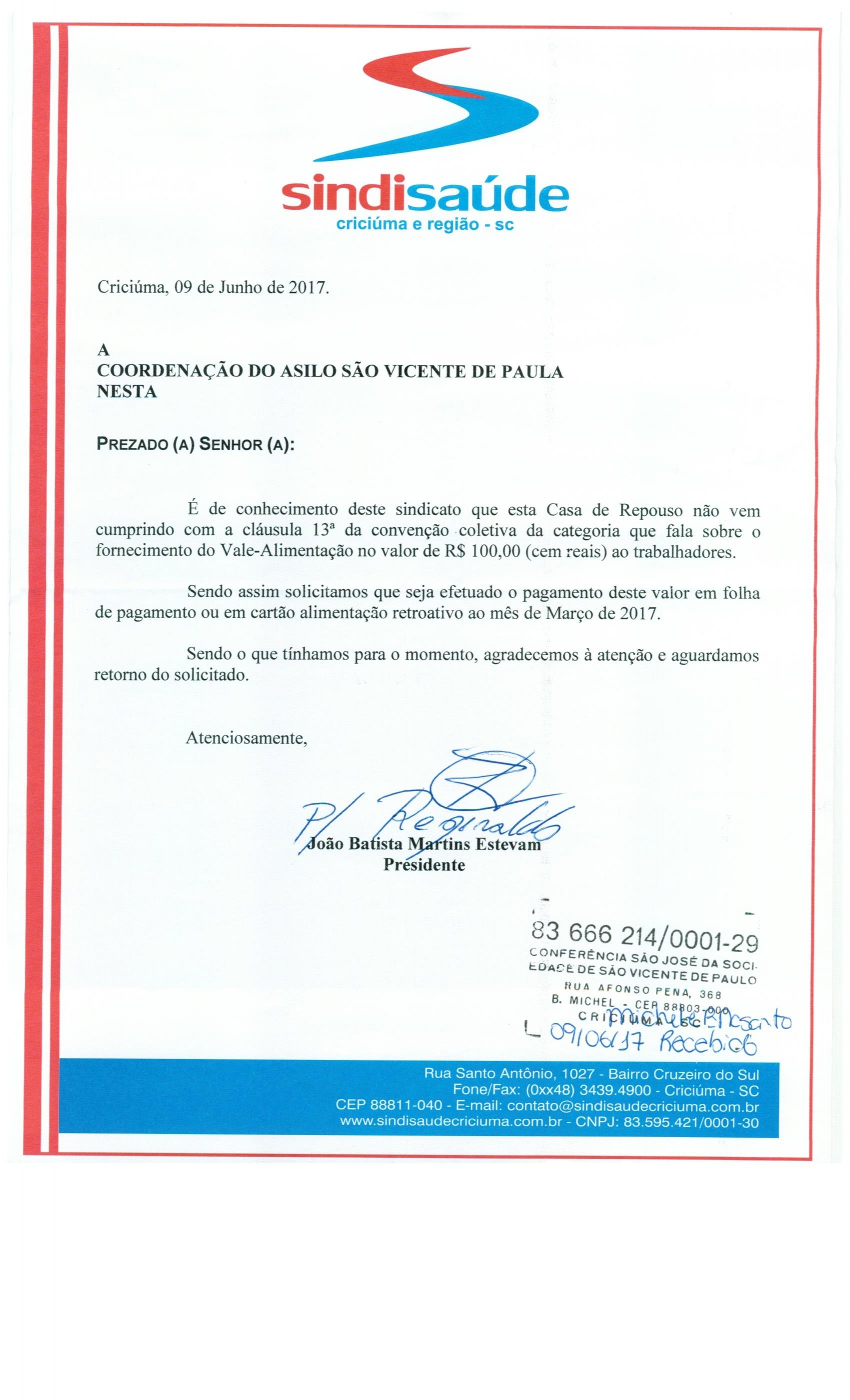 OFÍCIO ENCAMINHADO AO ASILO SÃO VICENTE DE PAULA