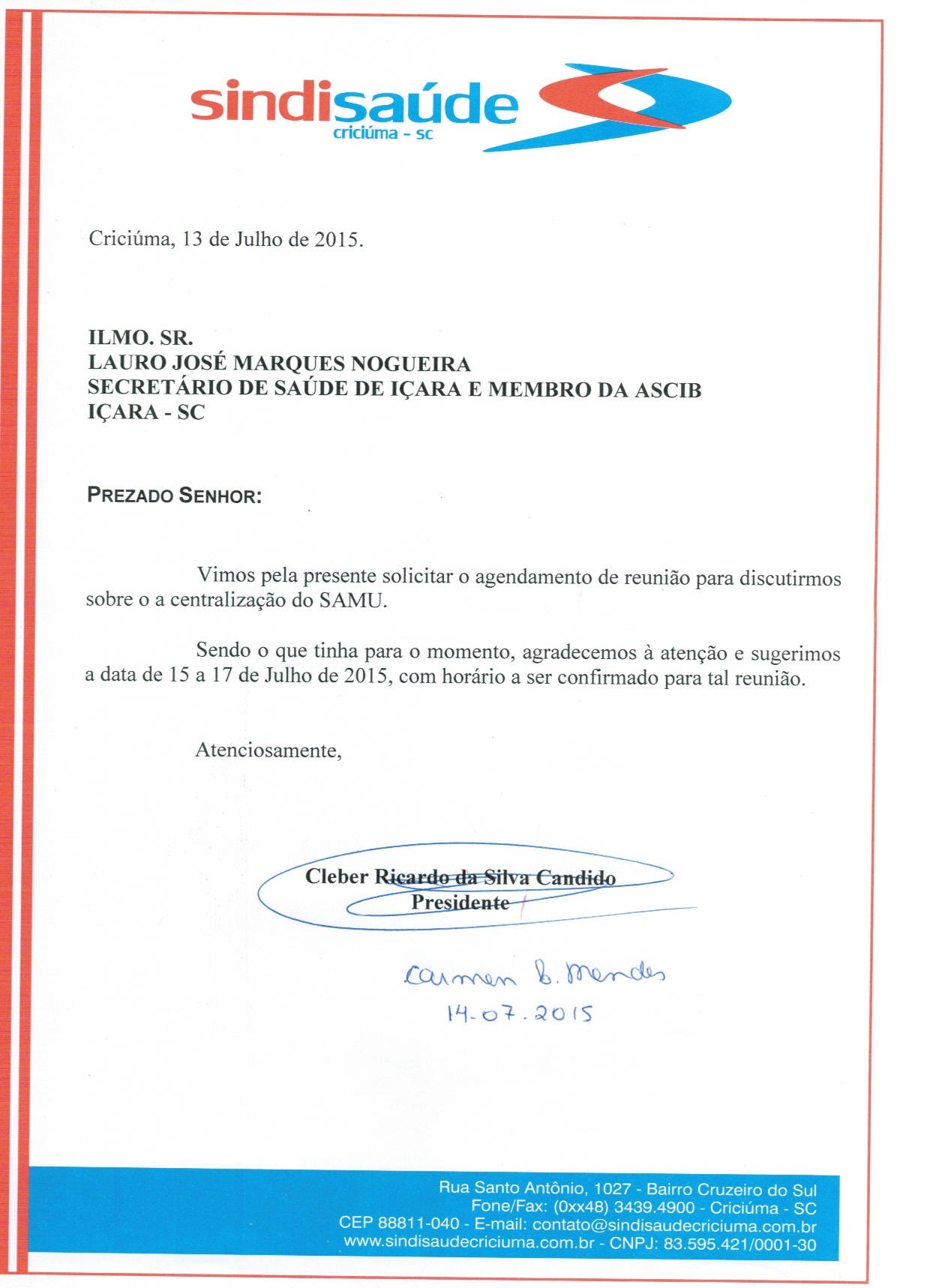 Oficio encaminhado ao Secretário de Saúde de Içara sobre SPDM/SAMU