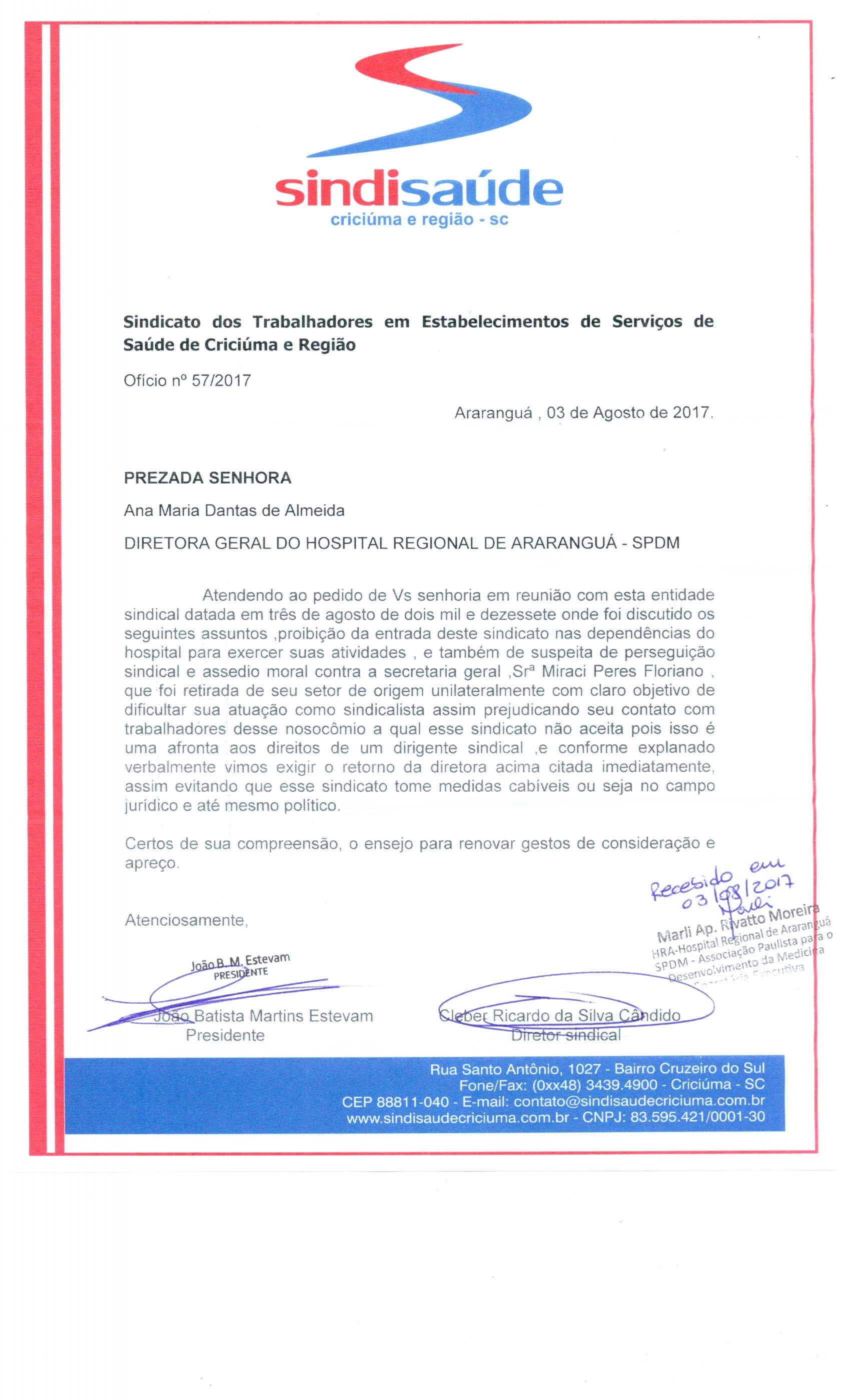 OFÍCIO ENCAMINHADO A SPDM - HRA