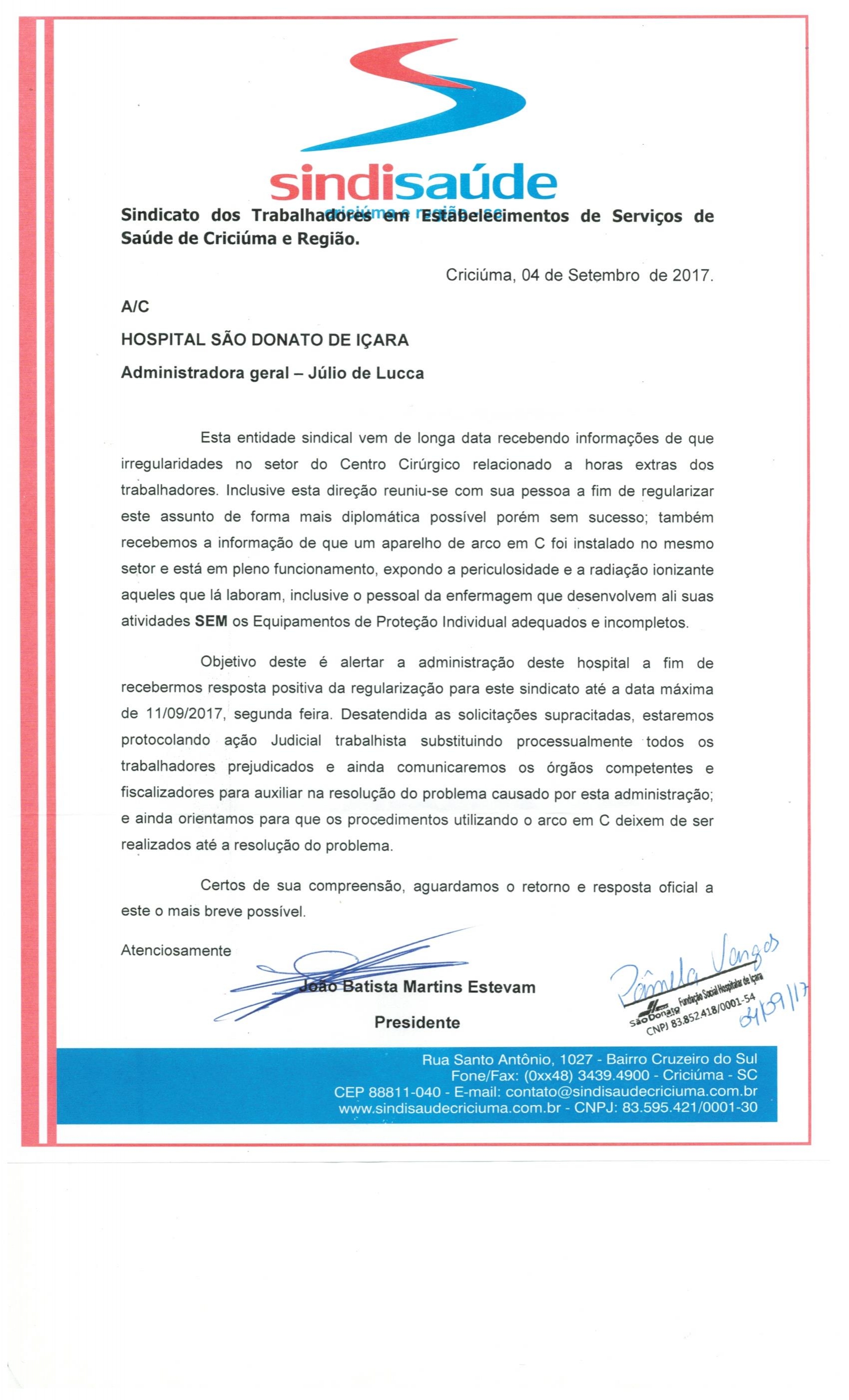 OFÍCIOS ENCAMINHADOS AO HOSPITAL SÃO DONATO DE IÇARA