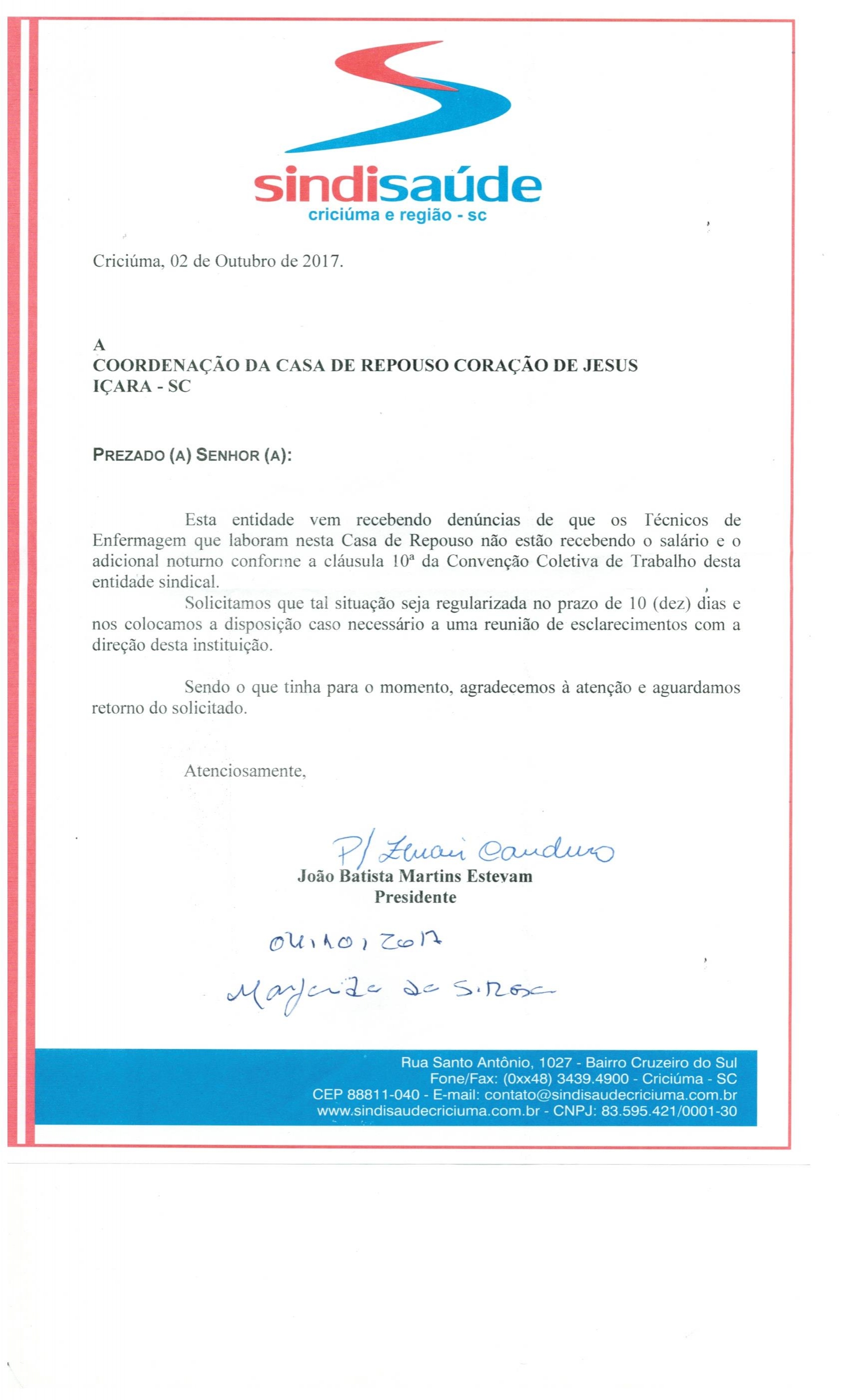 OFÍCIO ENCAMINHADO A CASA DE REPOUSO CORAÇÃO DE JESUS