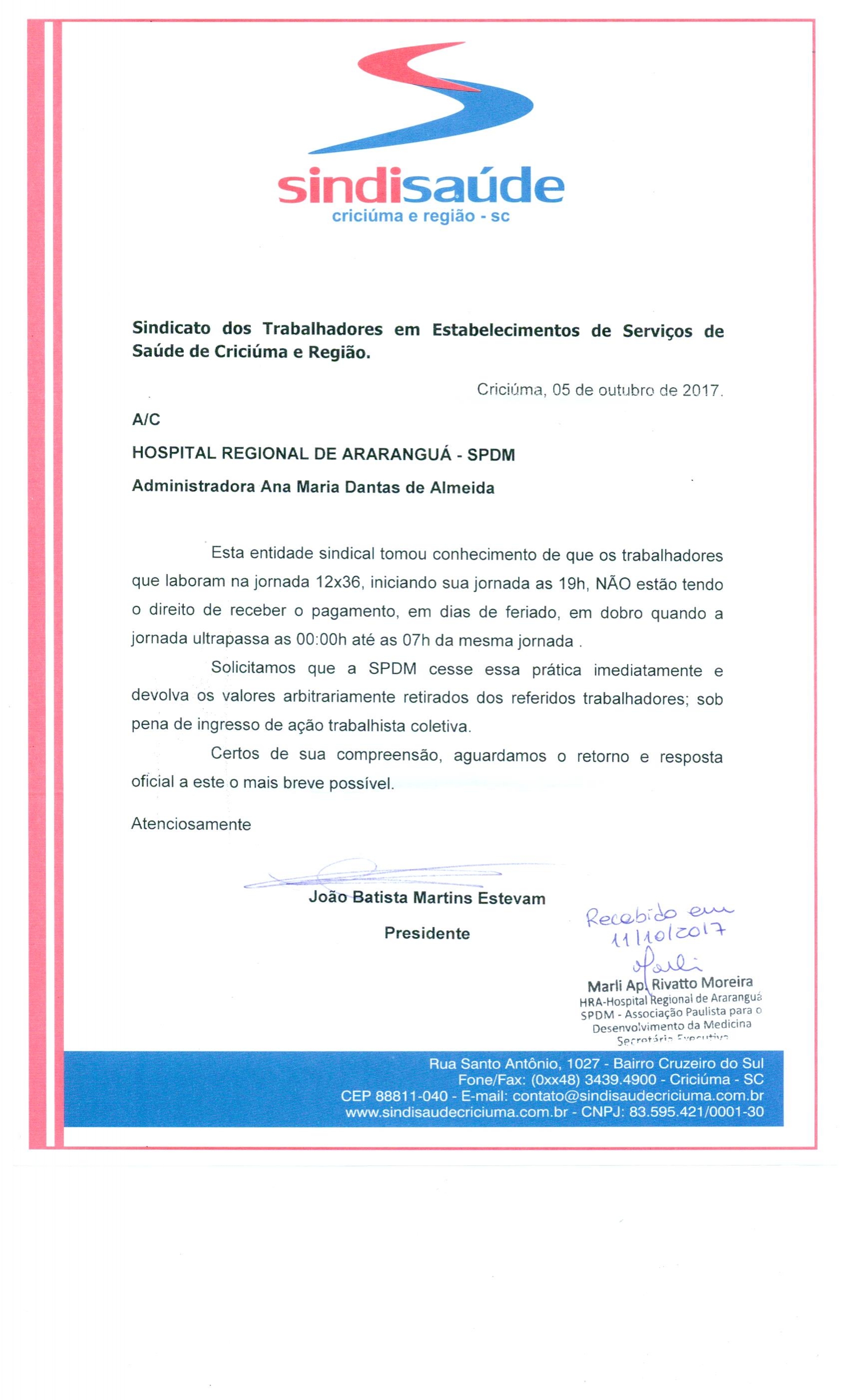 OFÍCIO ENCAMINHADO A SPDM - HRA