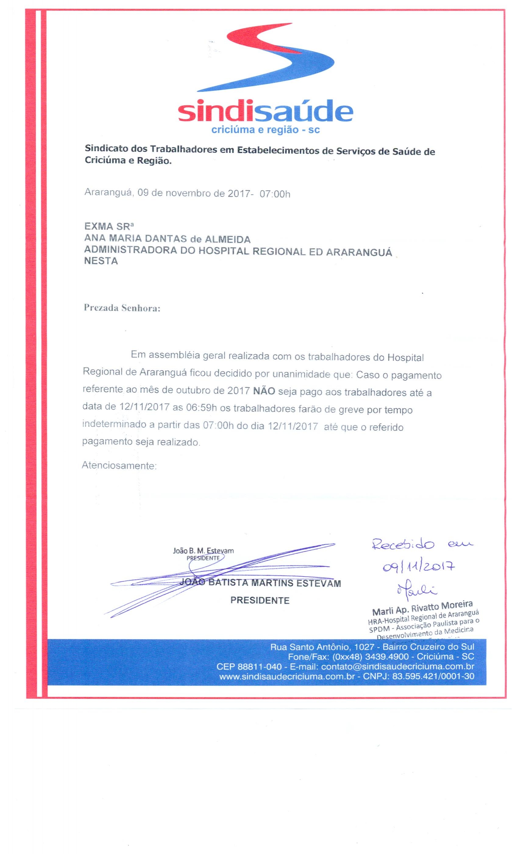 OFÍCIO COMUNICAÇÃO DE GREVE POR ATRASO DE SALÁRIOS SPDM - HRA