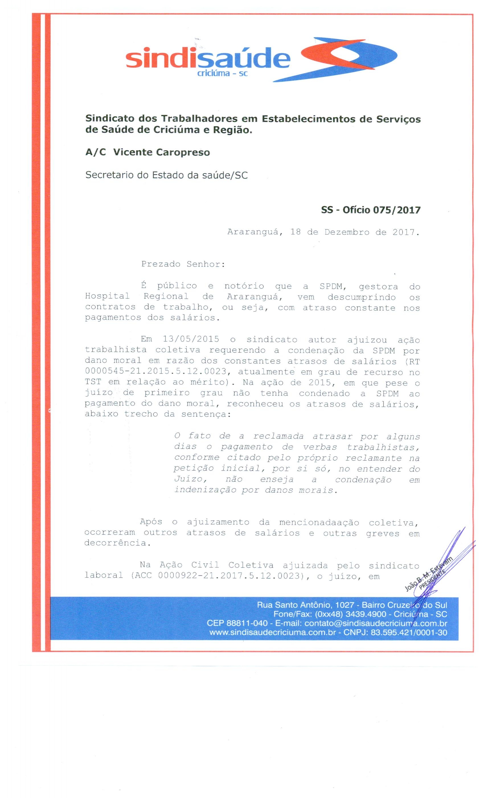 Oficio encaminhado a secretaria Estadual de Saúde sobre SPDM